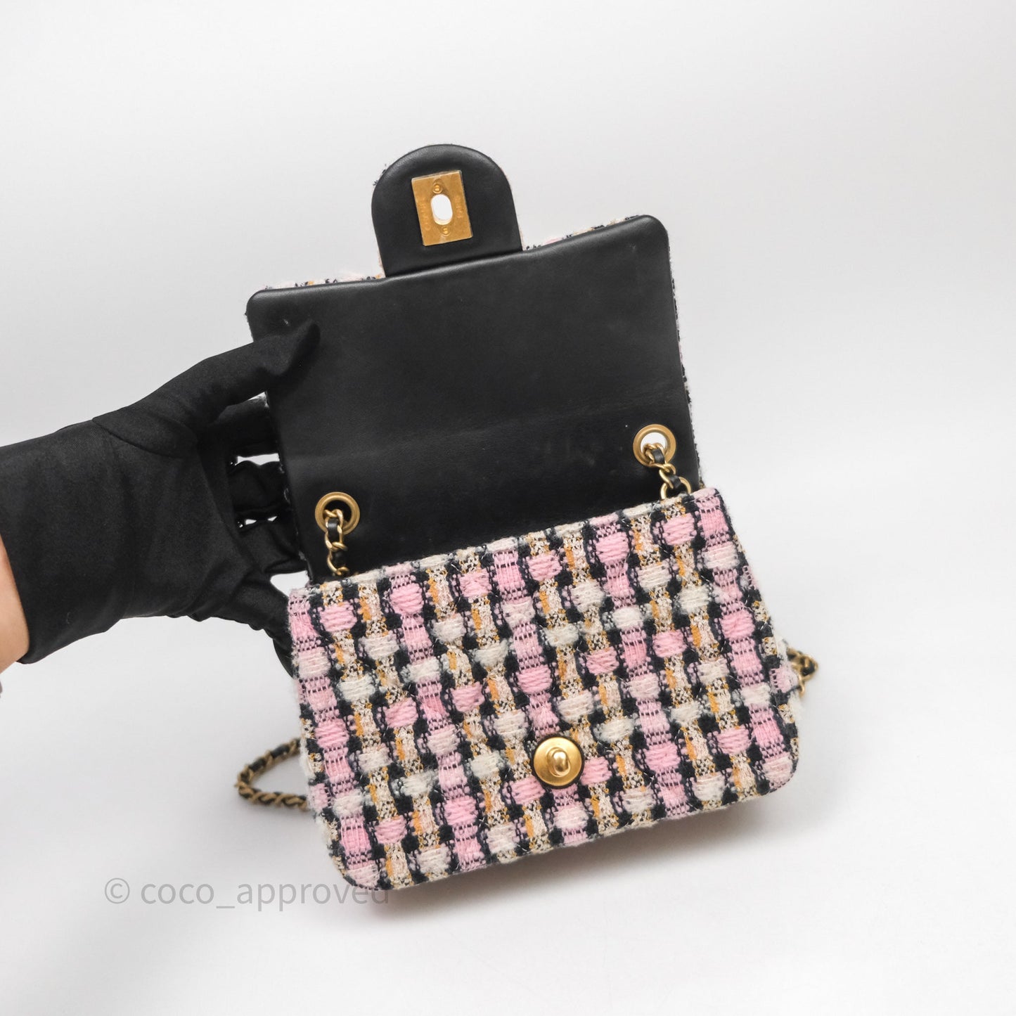 Chanel Pearl Crush Mini Square Pink/ White/ Black Tweed Aged Gold Hardware