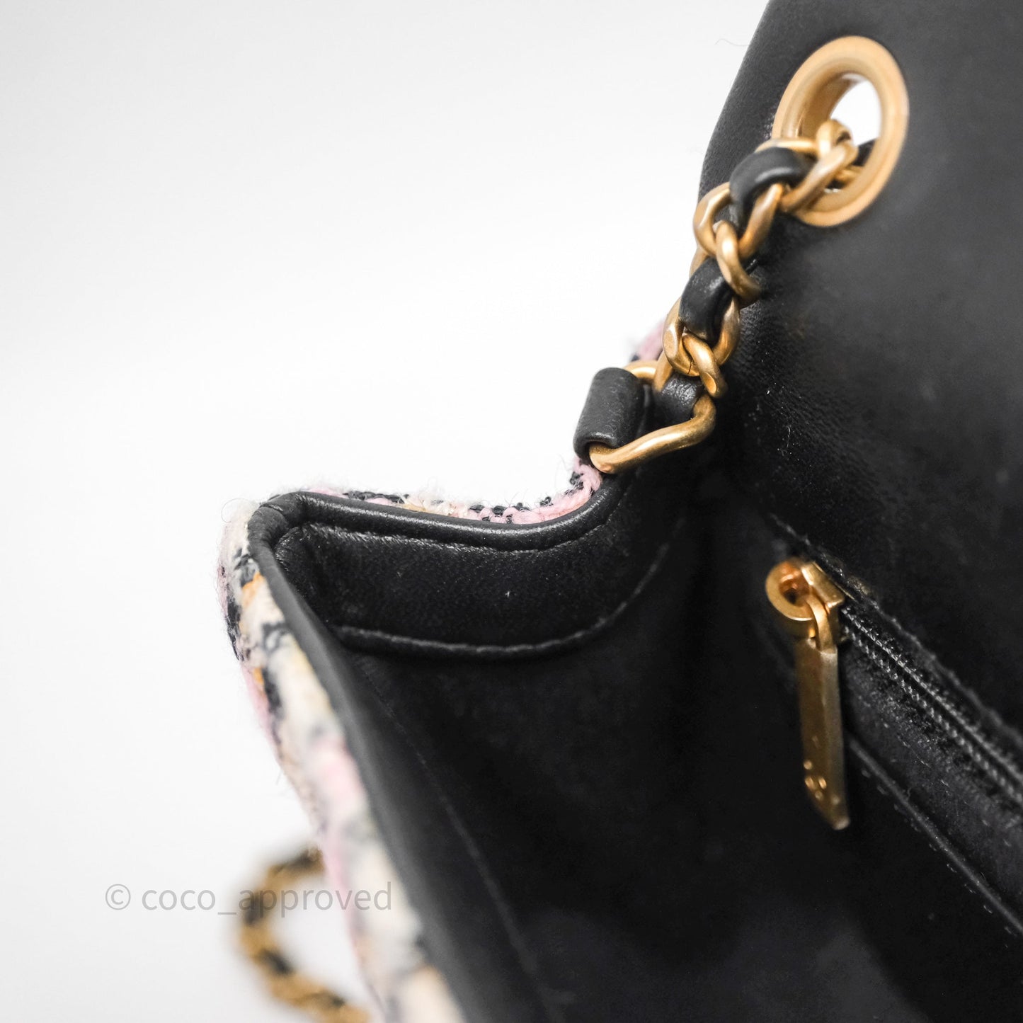 Chanel Pearl Crush Mini Square Pink/ White/ Black Tweed Aged Gold Hardware