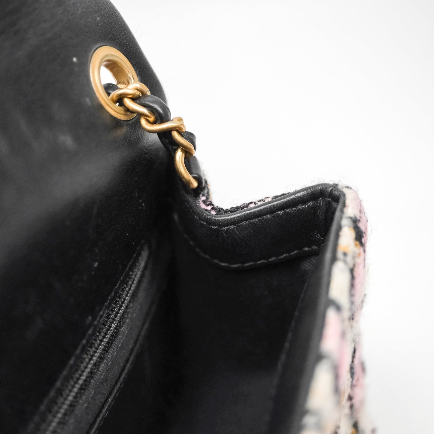 Chanel Pearl Crush Mini Square Pink/ White/ Black Tweed Aged Gold Hardware