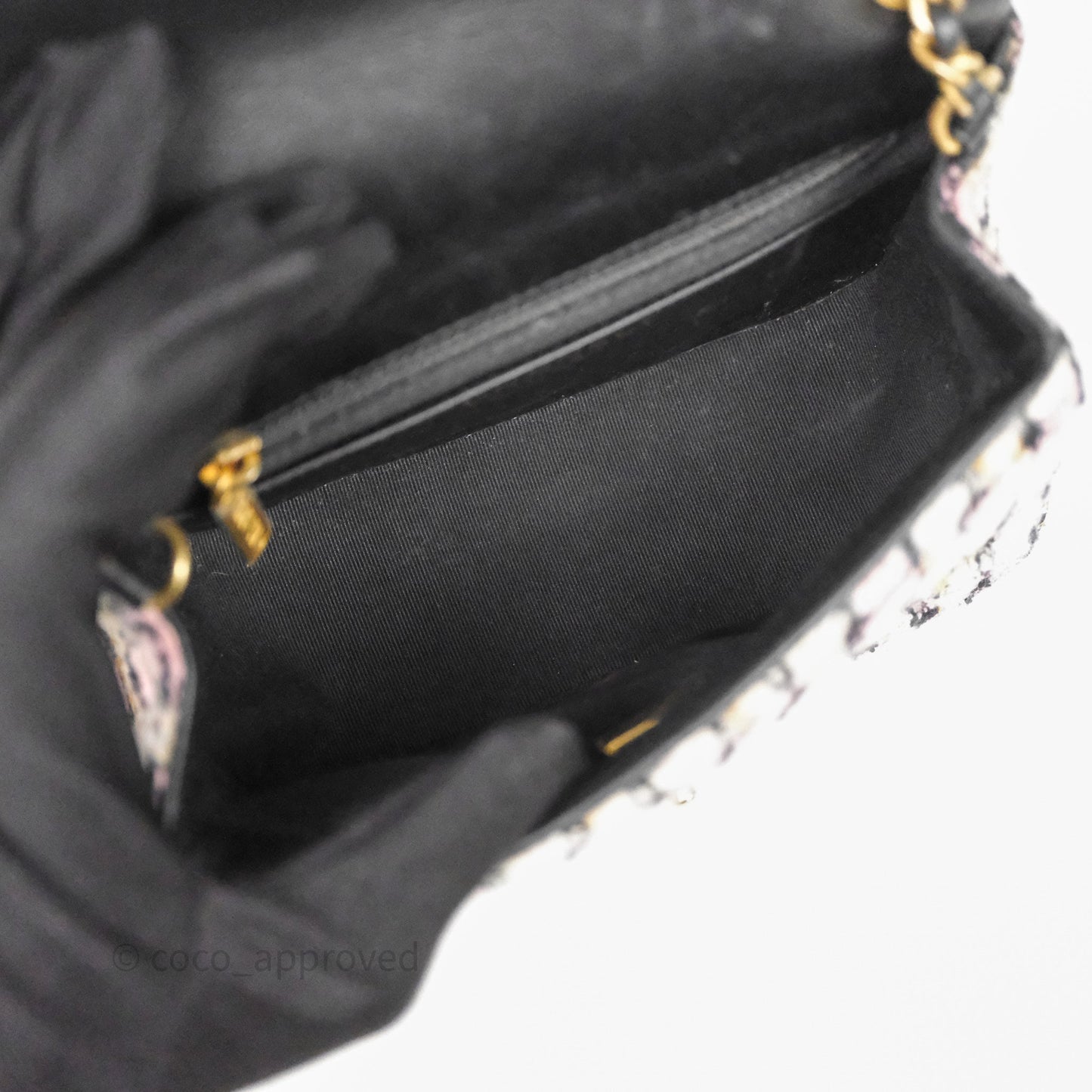 Chanel Pearl Crush Mini Square Pink/ White/ Black Tweed Aged Gold Hardware