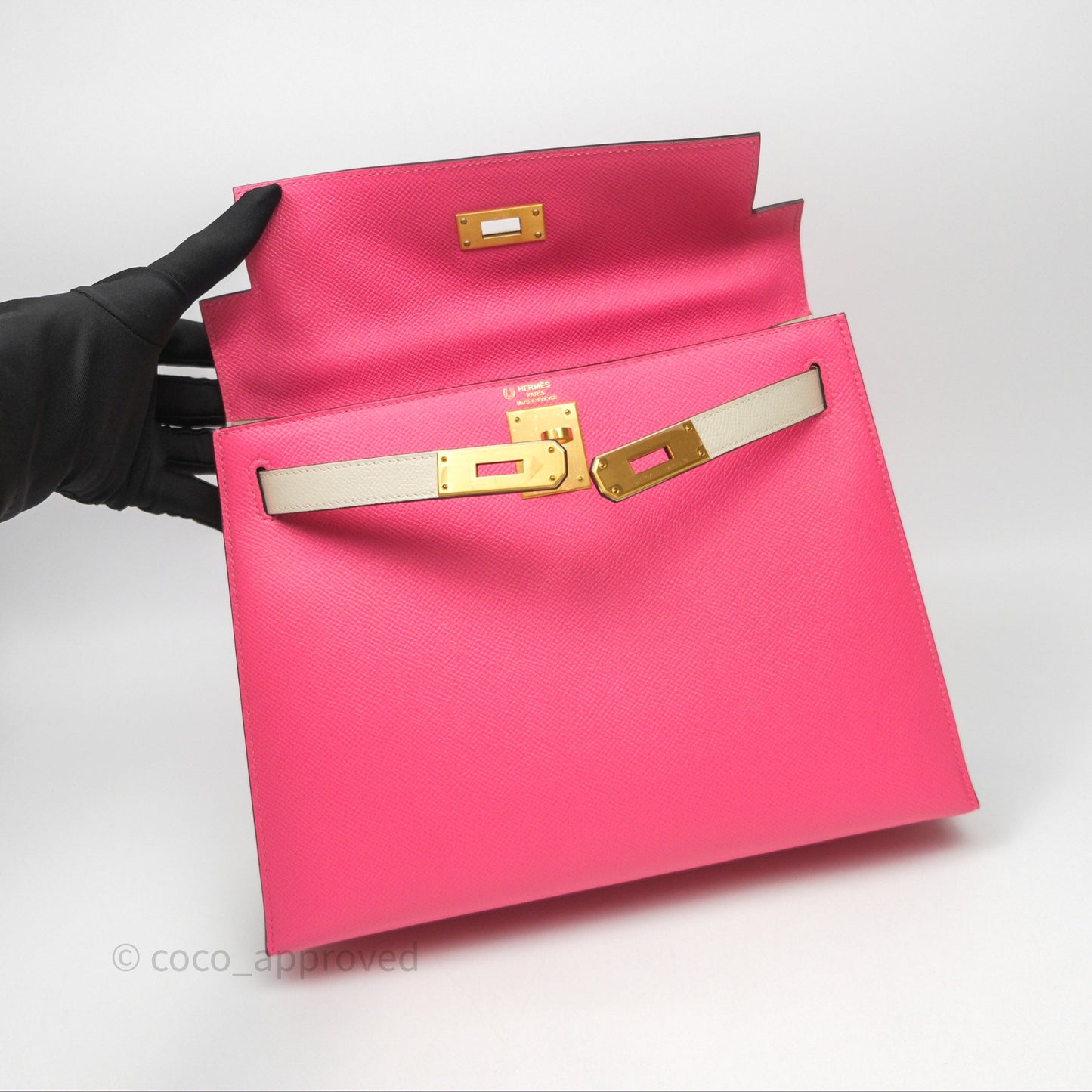 Hermes Kelly 28 Rose Lipstick U5/Craie 10 Epsom Gold Hardware