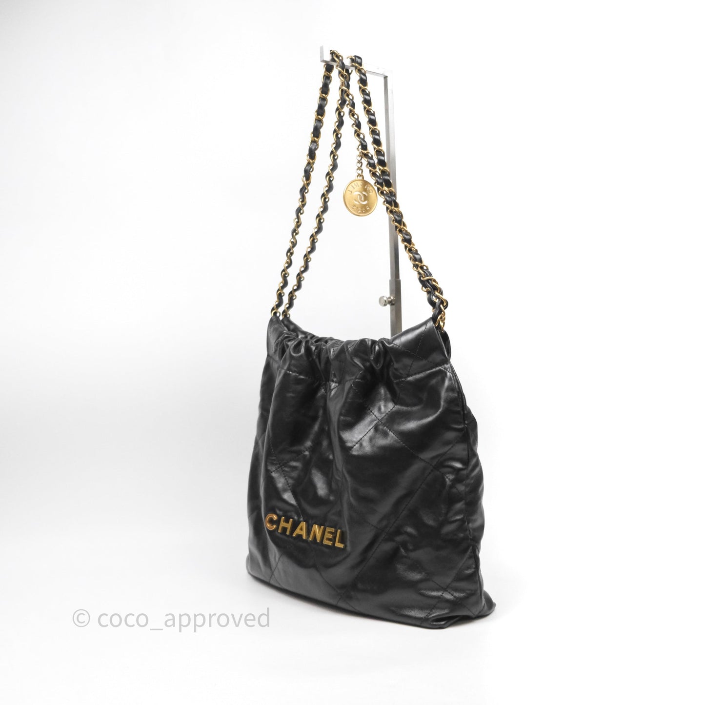 Chanel 22 Small Black Shiny Crumpled Calfskin Aged Gold Hardware