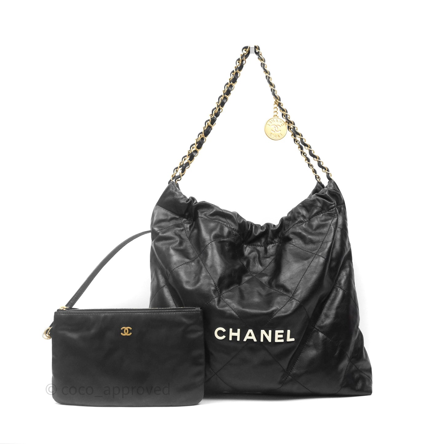 Chanel 22 Bag Medium Black Crumpled Calfskin White Logo Aged Gold Hardware