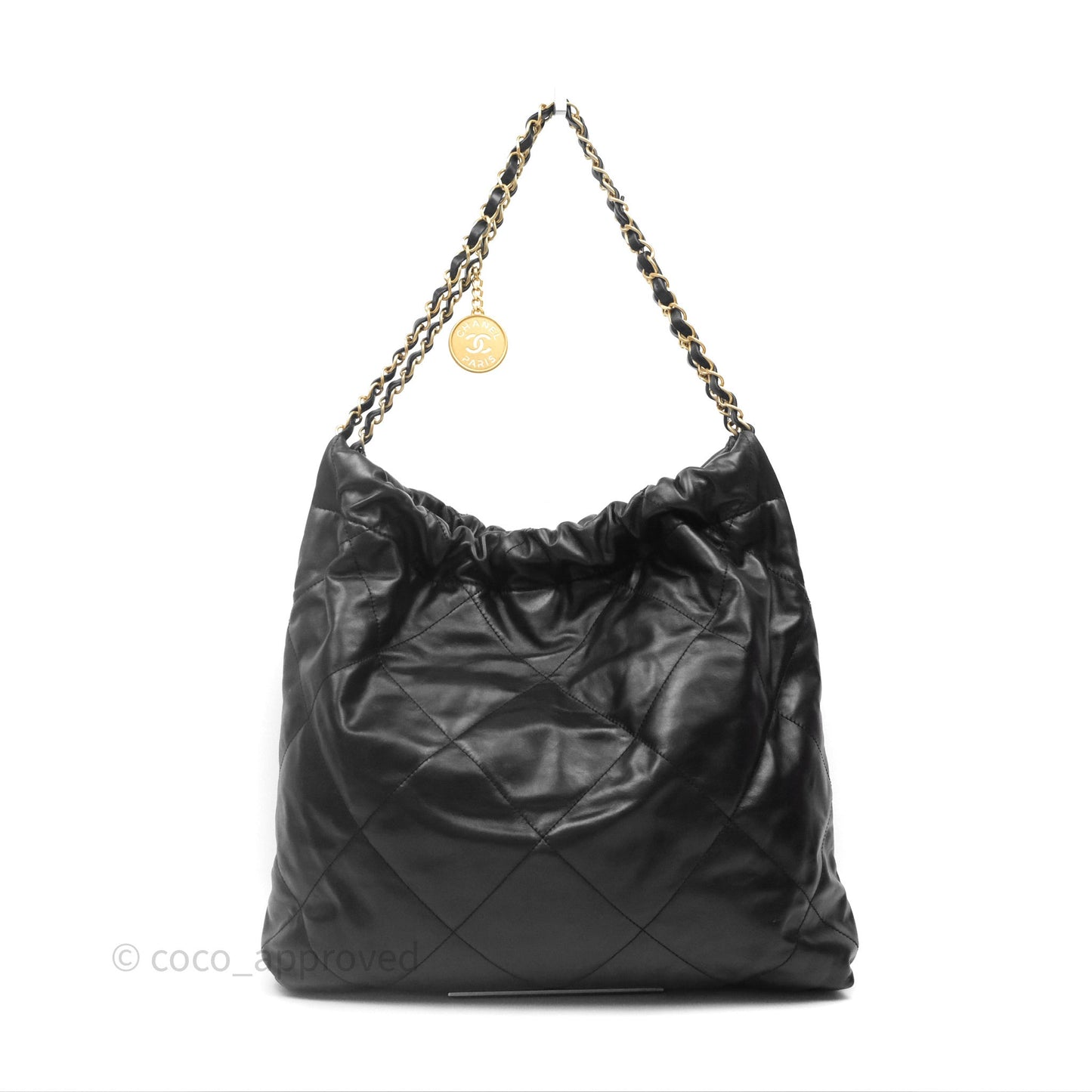 Chanel 22 Bag Medium Black Crumpled Calfskin White Logo Aged Gold Hardware