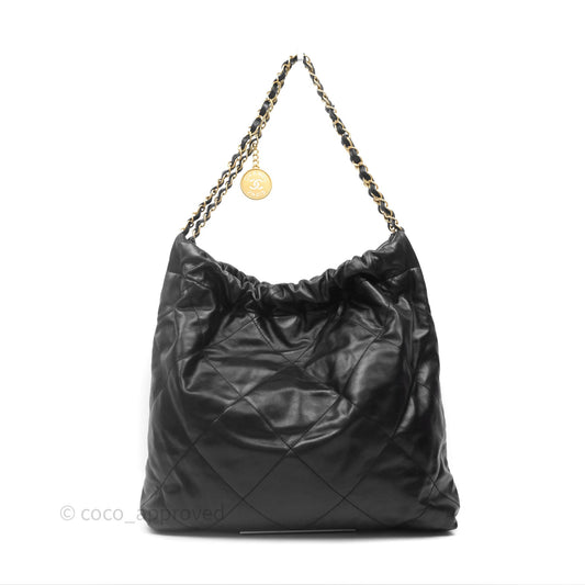 Chanel 22 Bag Medium Black Crumpled Calfskin White Logo Aged Gold Hardware