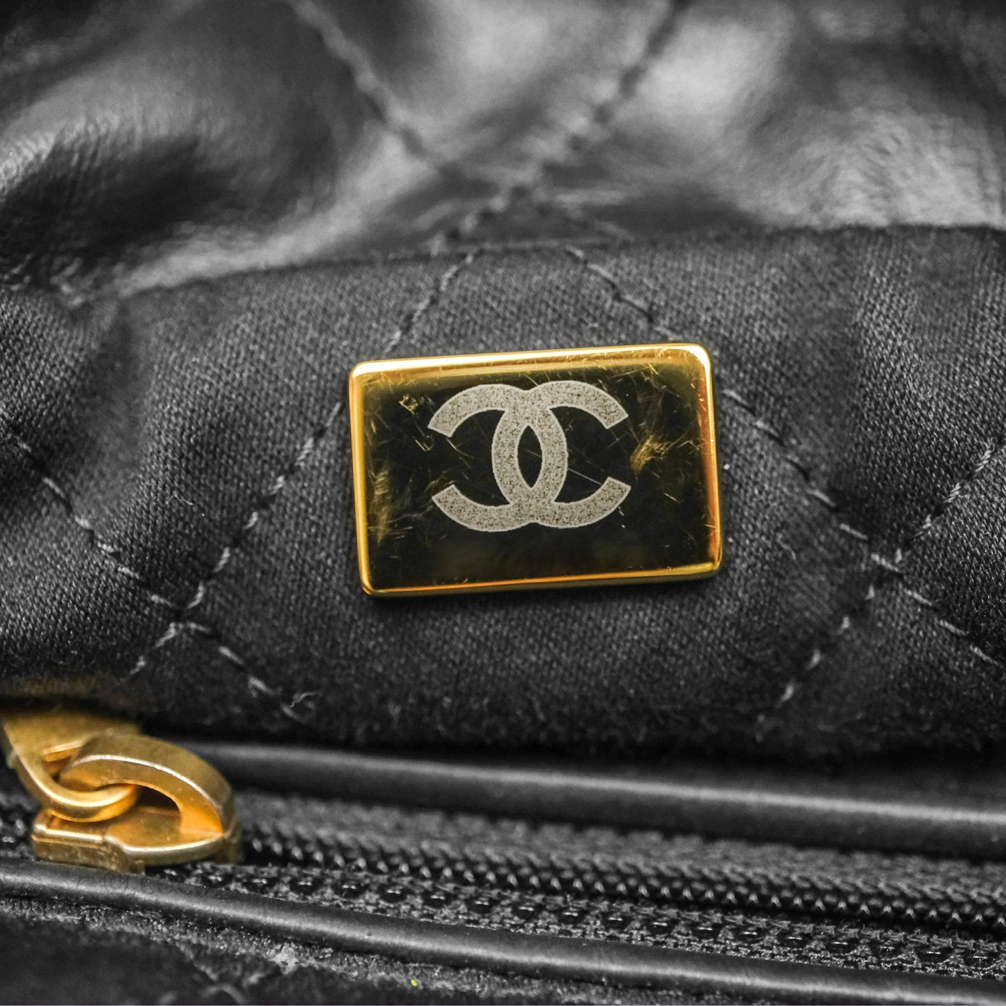 Chanel 22 Bag Medium Black Crumpled Calfskin White Logo Aged Gold Hardware