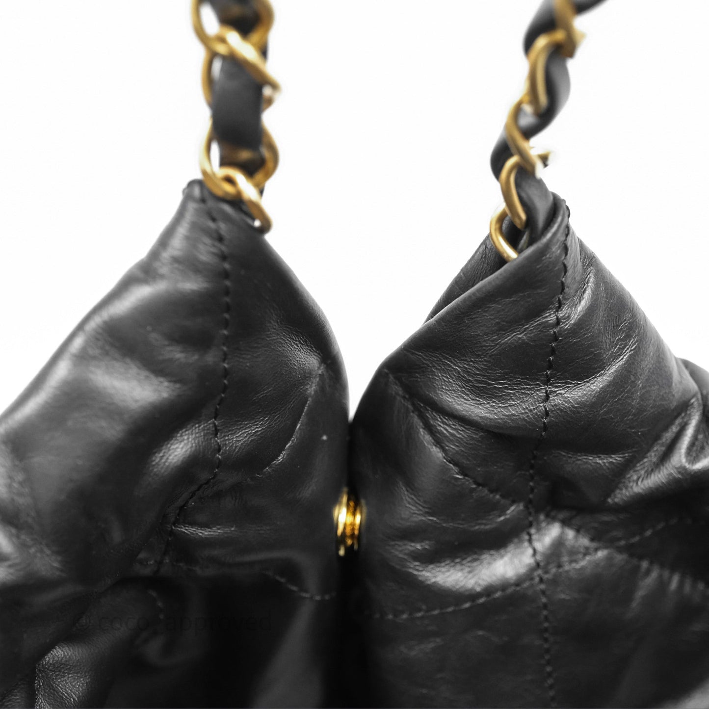 Chanel 22 Bag Medium Black Crumpled Calfskin White Logo Aged Gold Hardware