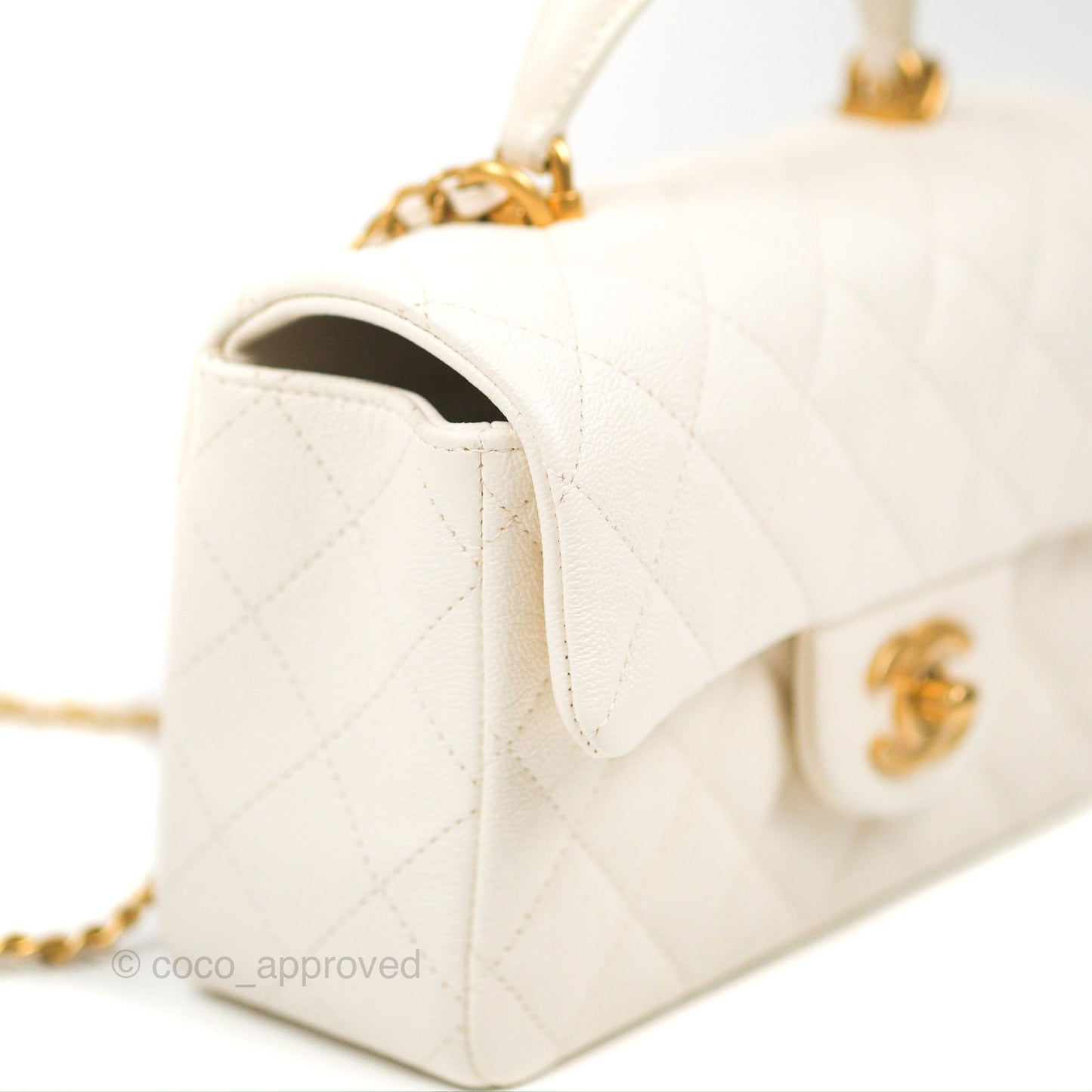 Chanel Top Handle Mini Rectangular Flap Bag White Caviar Aged Gold Hardware