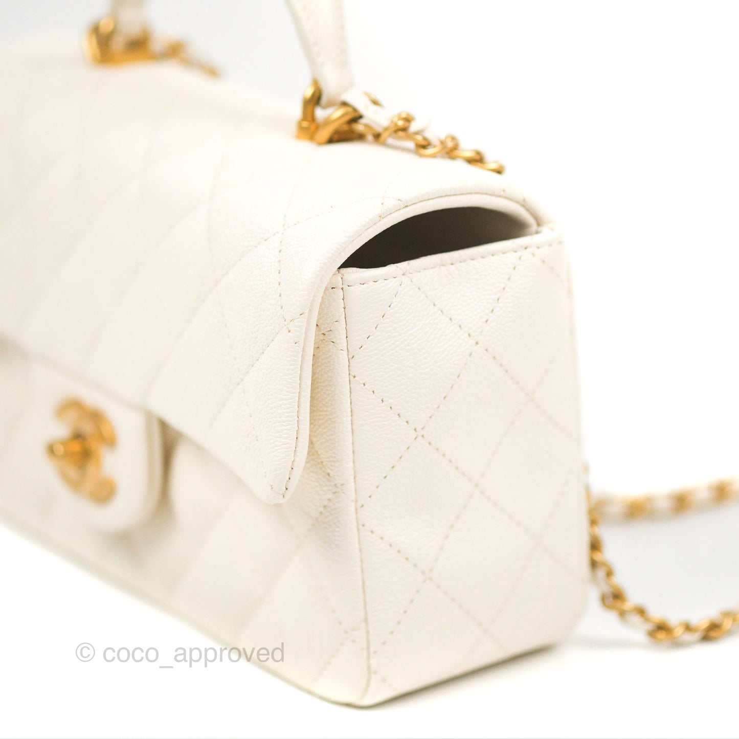 Chanel Top Handle Mini Rectangular Flap Bag White Caviar Aged Gold Hardware