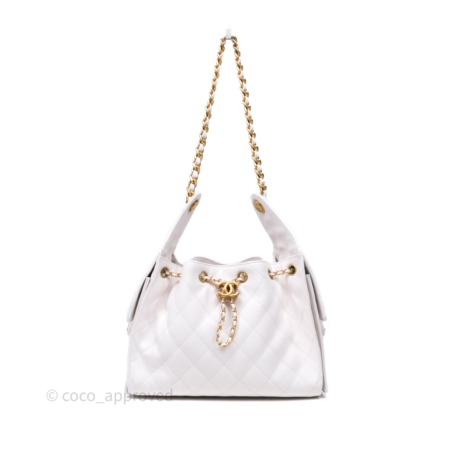 Chanel 25 Small White Caviar Aged Gold Hardware