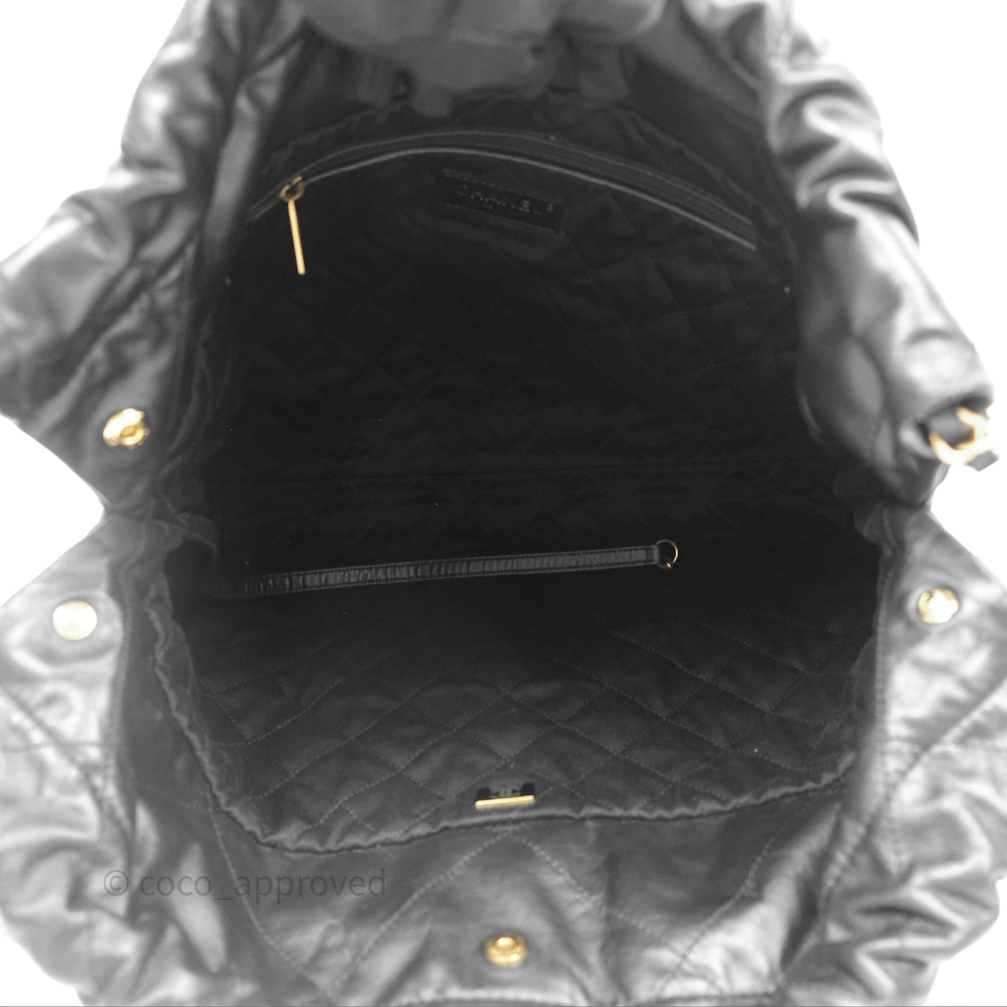Chanel 22 Bag Medium Black Crumpled Calfskin White Logo Aged Gold Hardware
