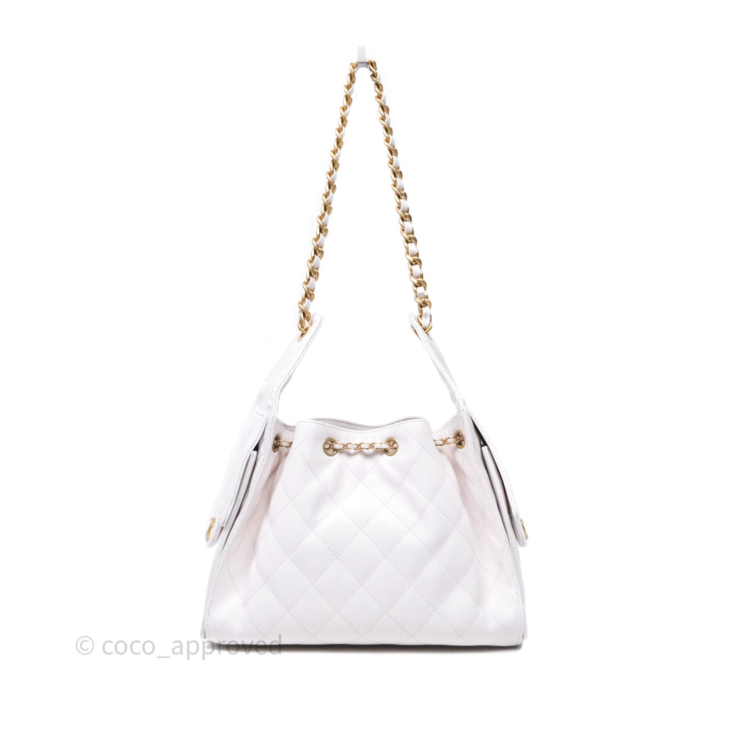 Chanel 25 Small White Caviar Aged Gold Hardware
