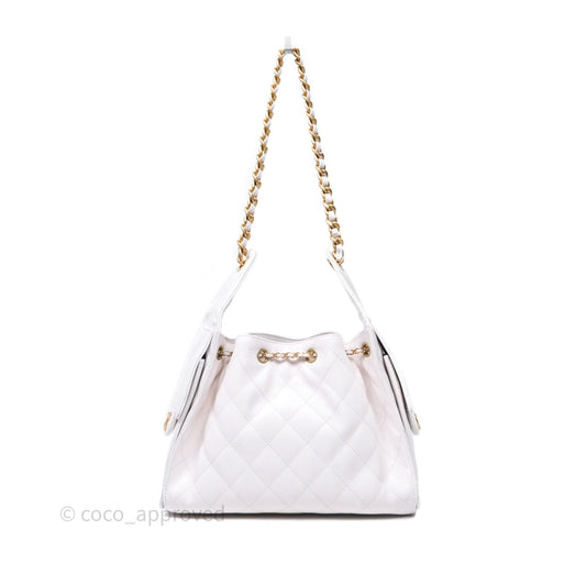 Chanel 25 Small White Caviar Aged Gold Hardware