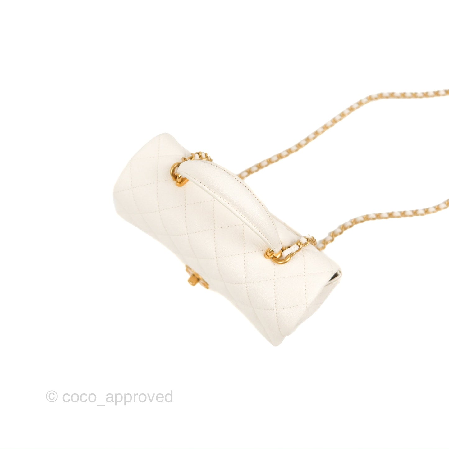 Chanel Top Handle Mini Rectangular Flap Bag White Caviar Aged Gold Hardware