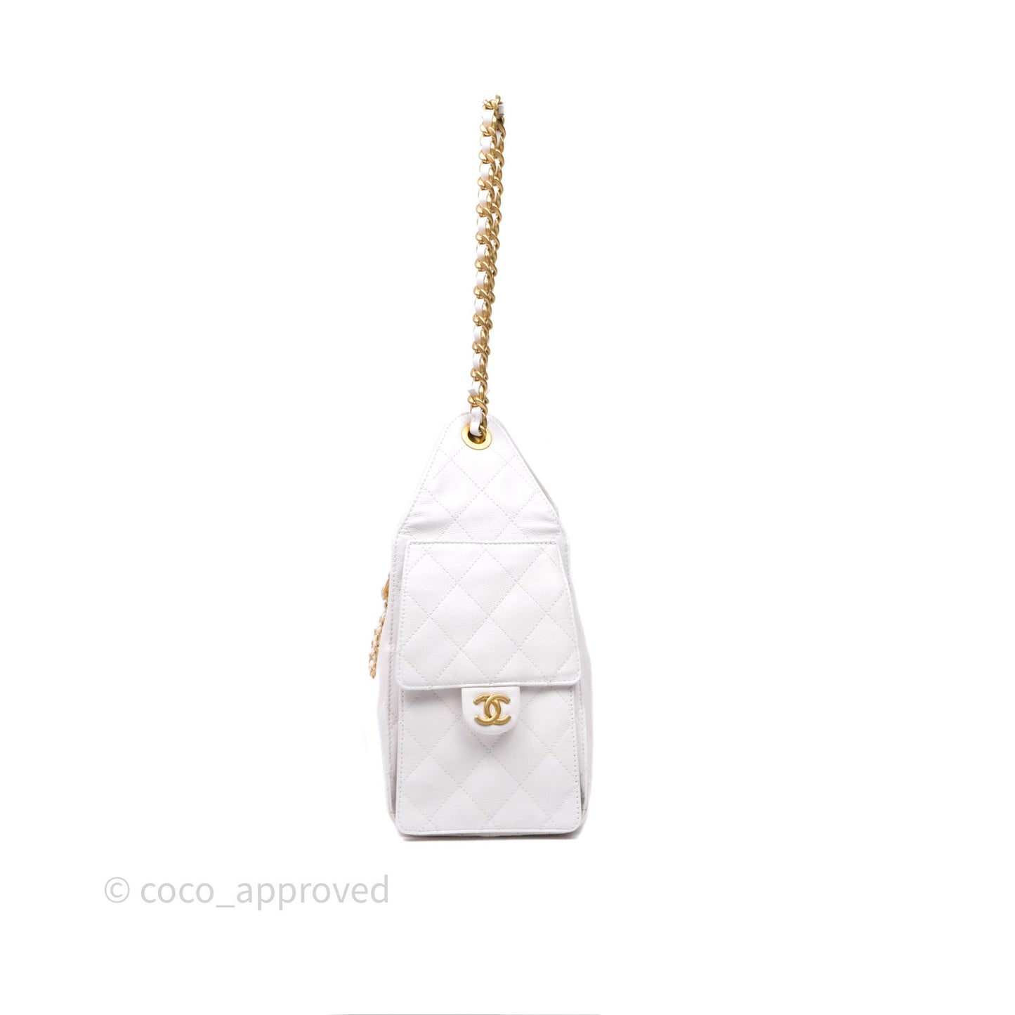 Chanel 25 Small White Caviar Aged Gold Hardware