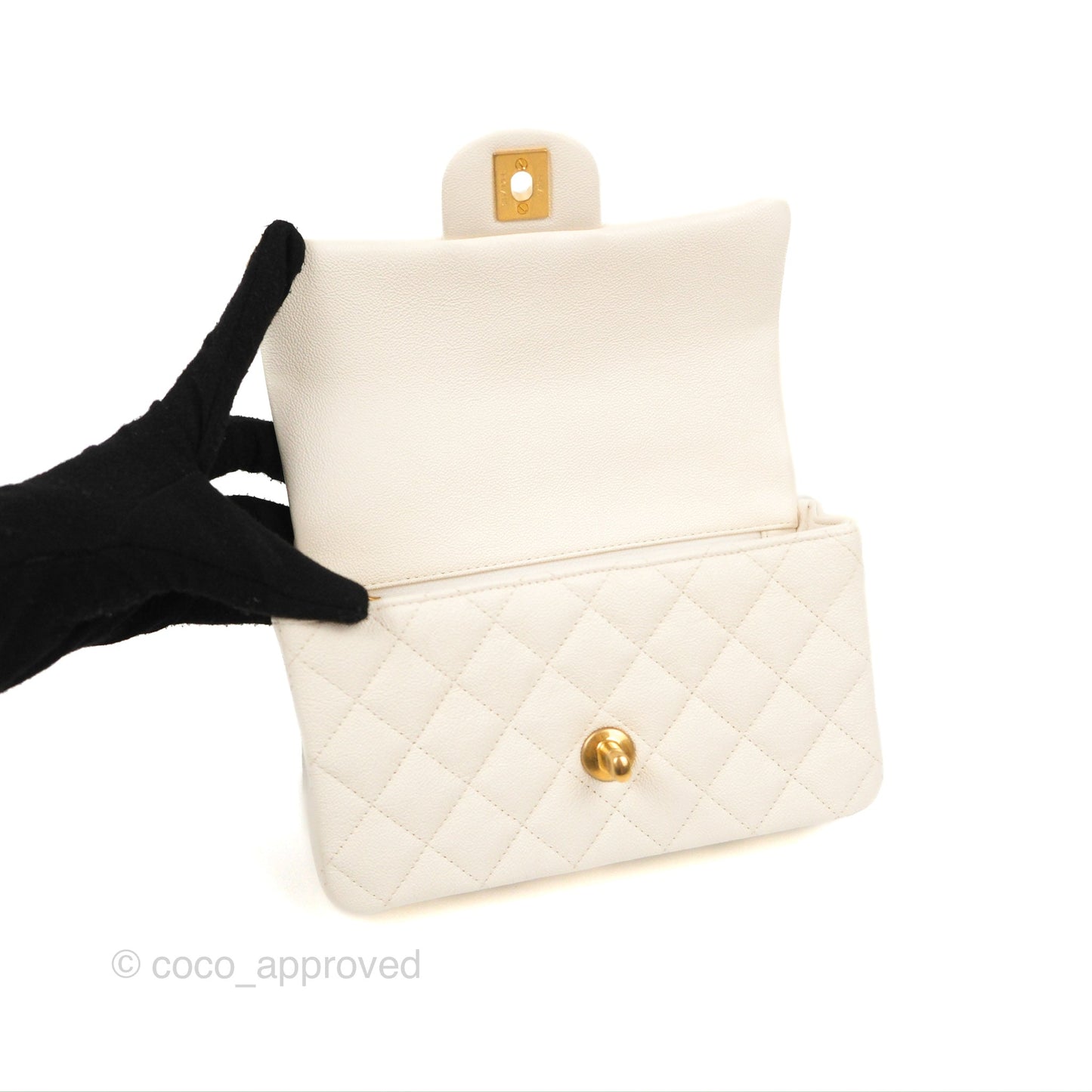 Chanel Top Handle Mini Rectangular Flap Bag White Caviar Aged Gold Hardware
