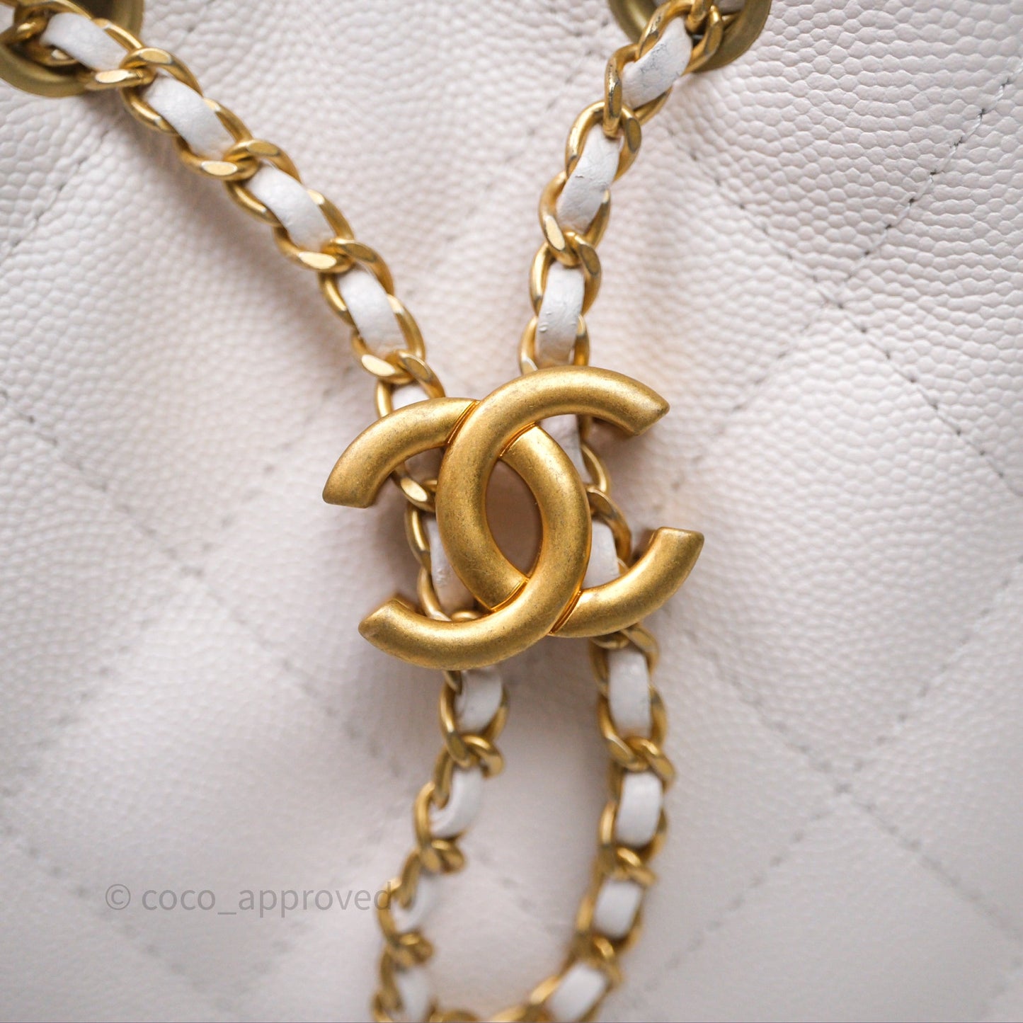 Chanel 25 Small White Caviar Aged Gold Hardware