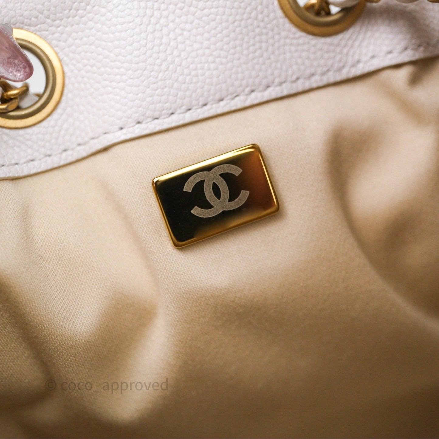 Chanel 25 Small White Caviar Aged Gold Hardware