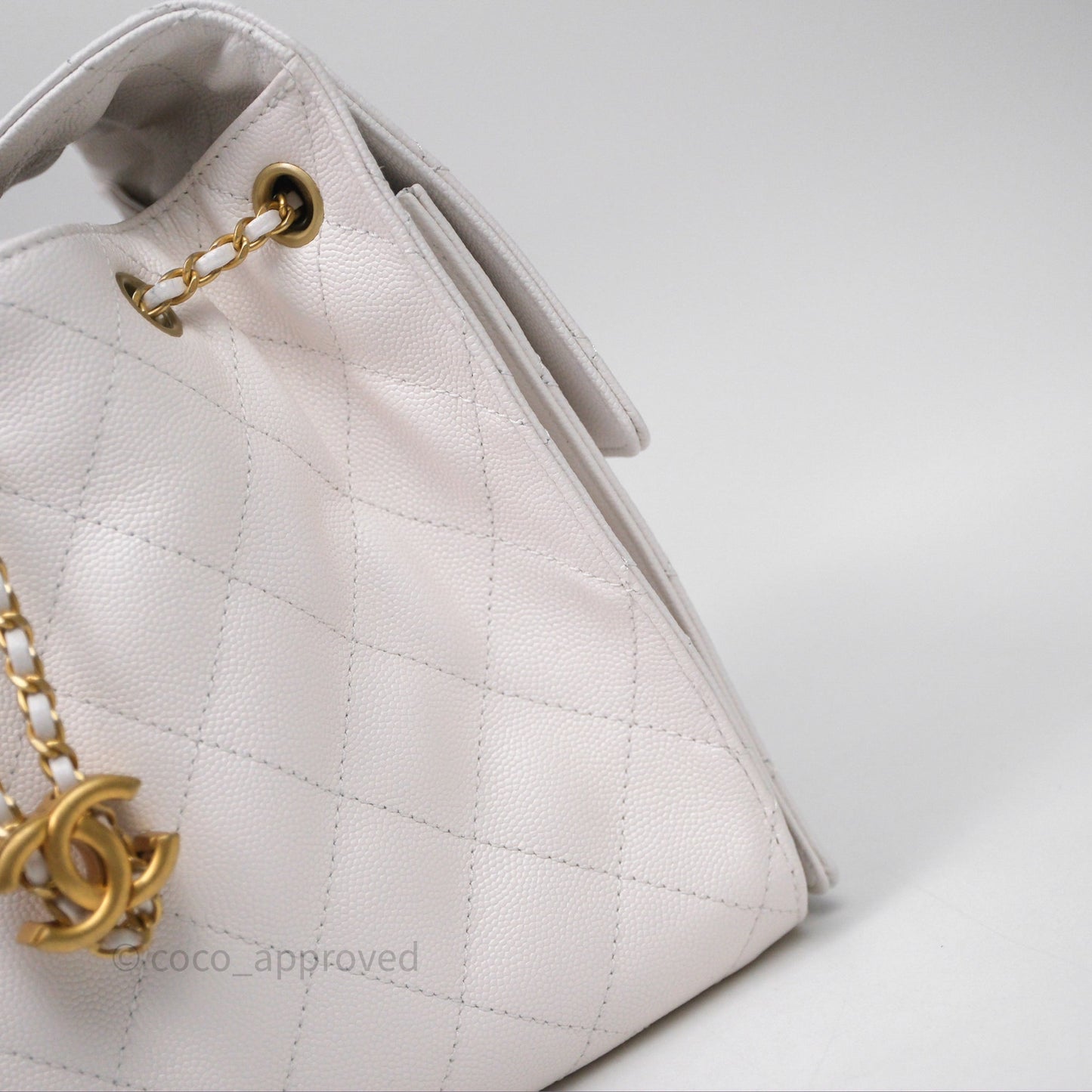 Chanel 25 Small White Caviar Aged Gold Hardware