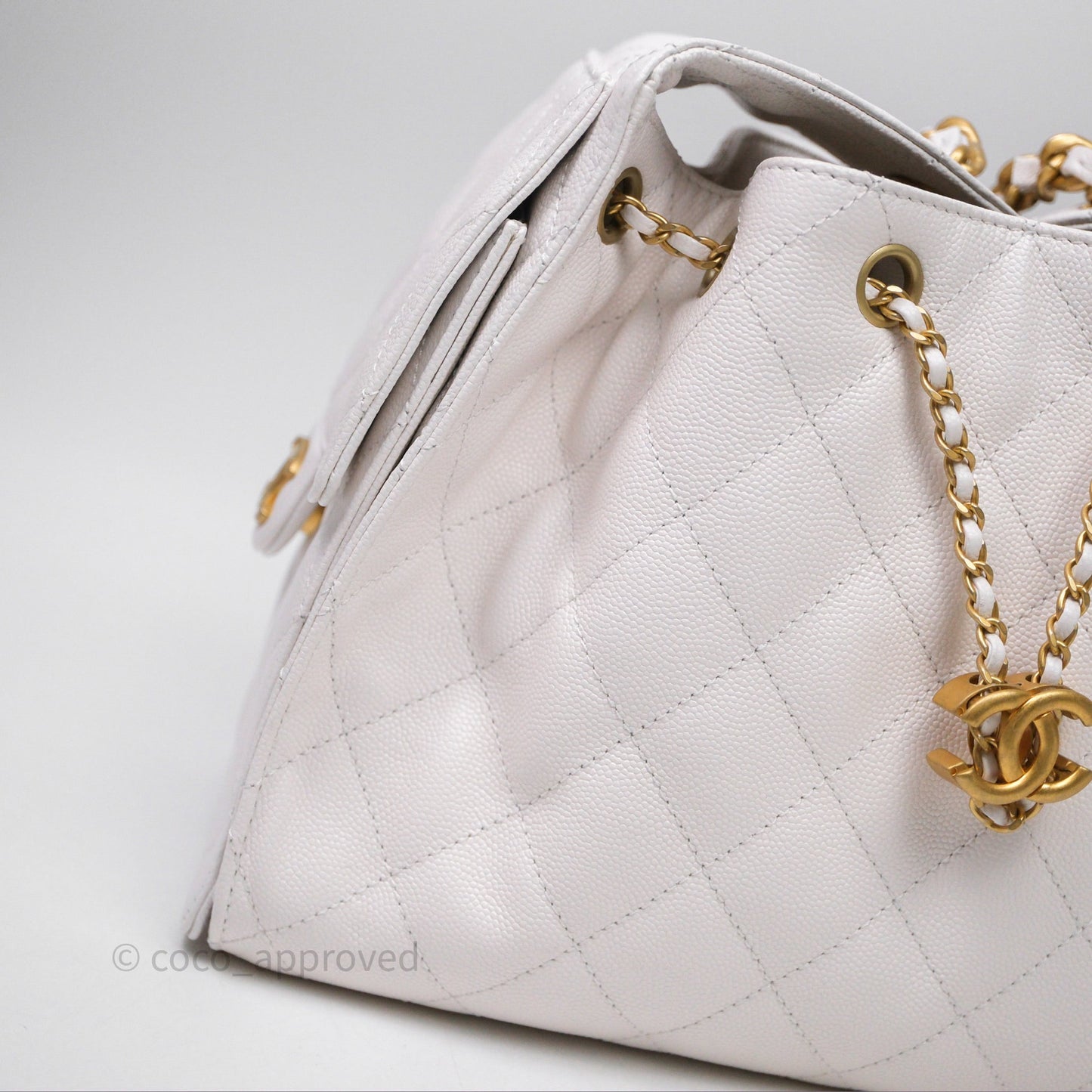 Chanel 25 Small White Caviar Aged Gold Hardware