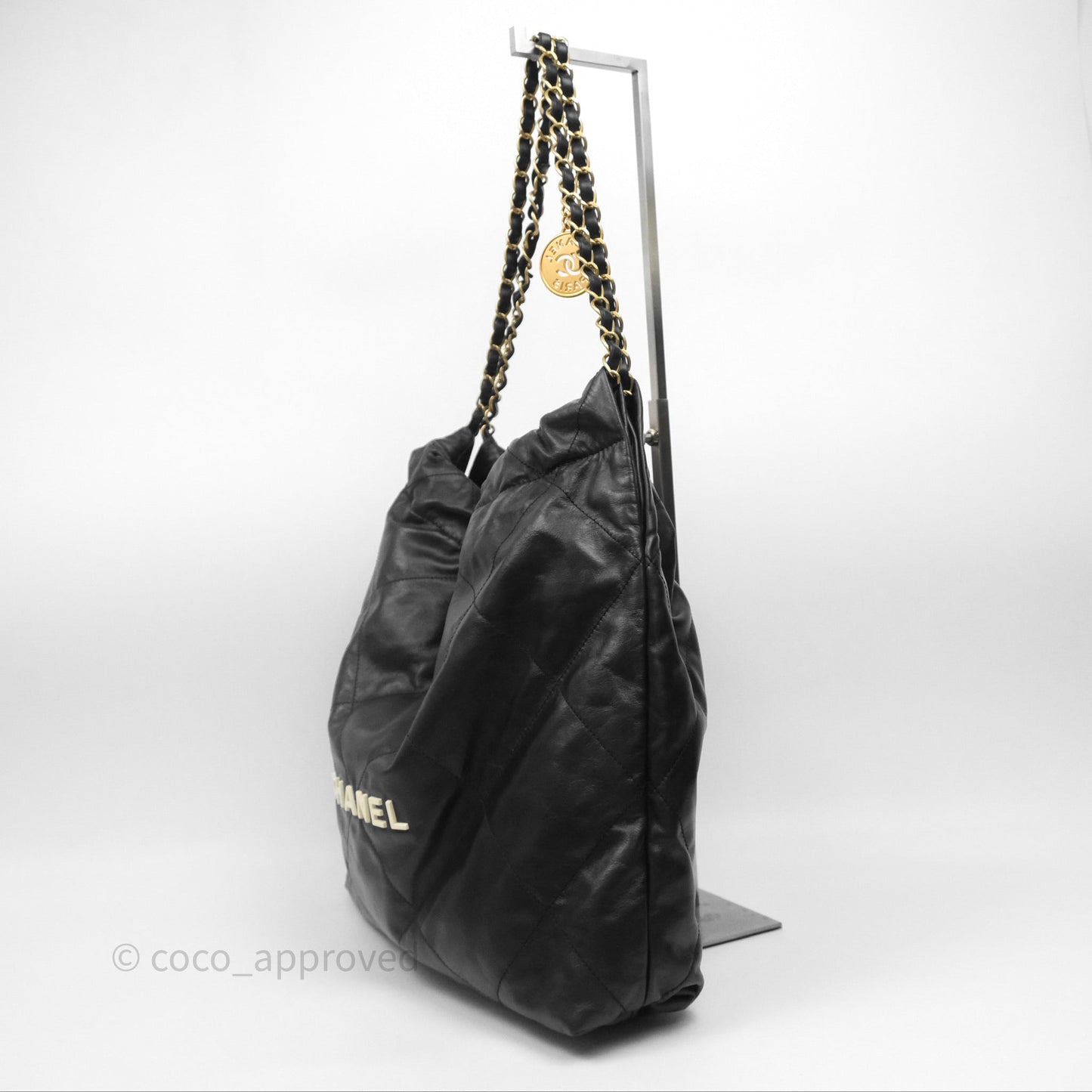 Chanel 22 Bag Medium Black Crumpled Calfskin White Logo Aged Gold Hardware