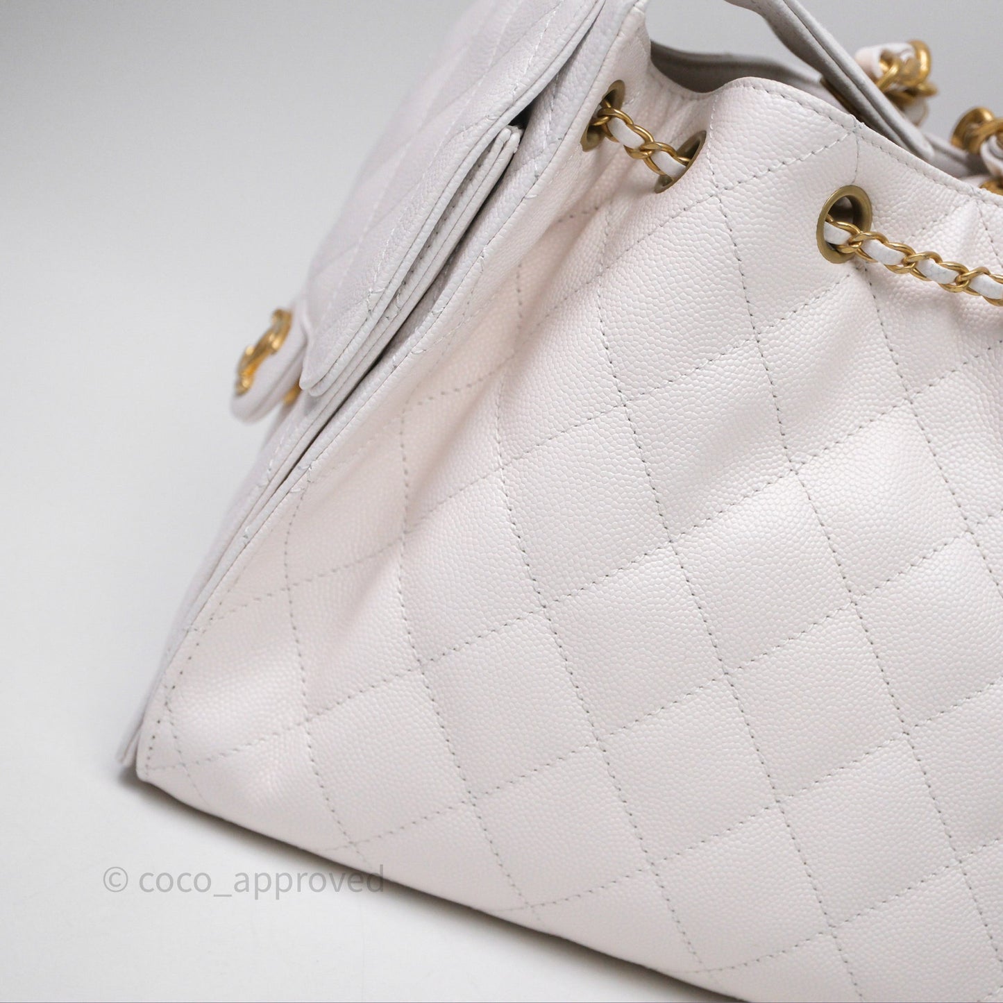 Chanel 25 Small White Caviar Aged Gold Hardware