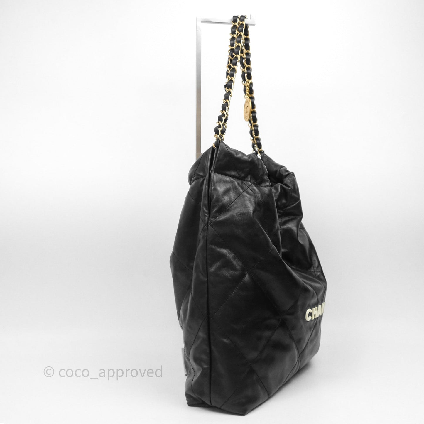 Chanel 22 Bag Medium Black Crumpled Calfskin White Logo Aged Gold Hardware