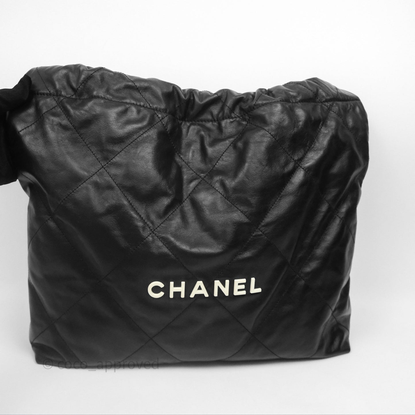 Chanel 22 Bag Medium Black Crumpled Calfskin White Logo Aged Gold Hardware