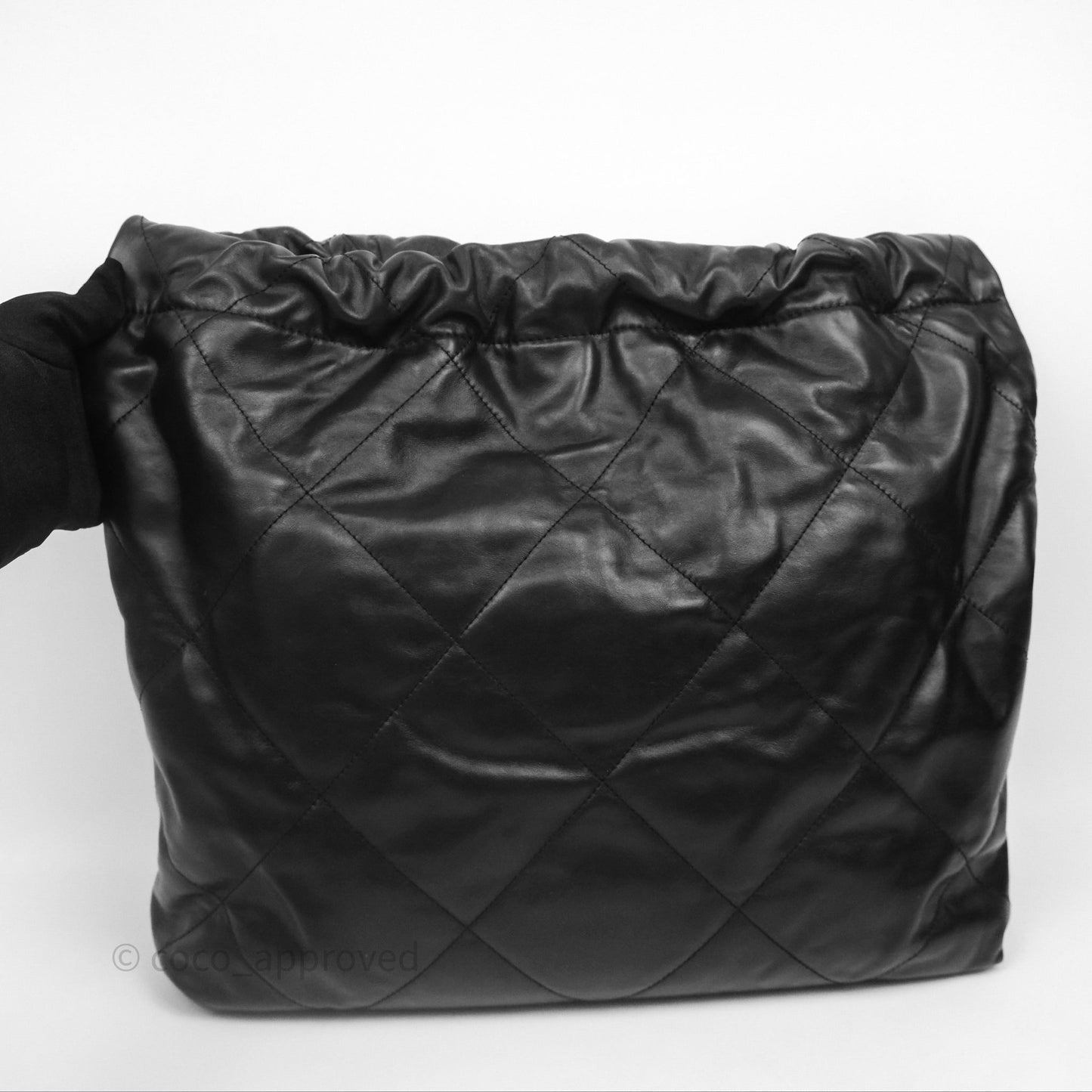 Chanel 22 Bag Medium Black Crumpled Calfskin White Logo Aged Gold Hardware