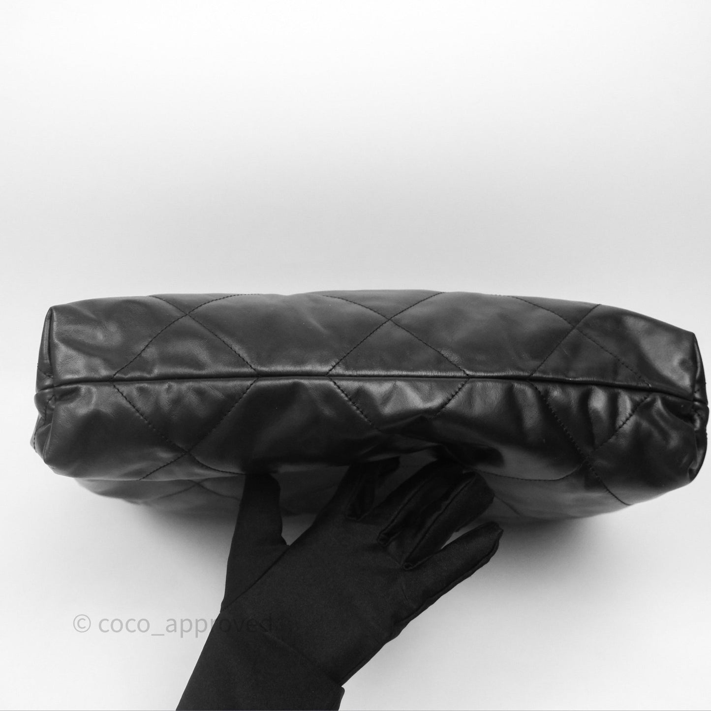 Chanel 22 Bag Medium Black Crumpled Calfskin White Logo Aged Gold Hardware