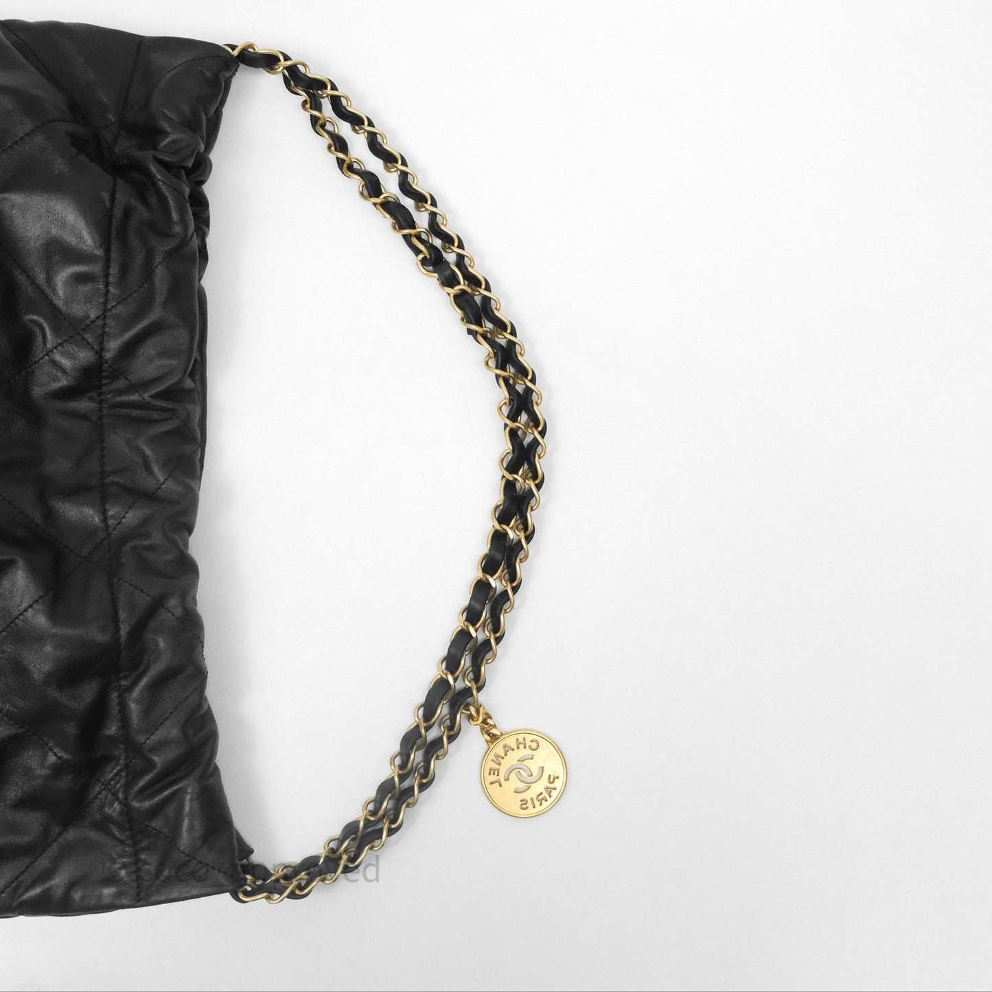Chanel 22 Bag Medium Black Crumpled Calfskin White Logo Aged Gold Hardware