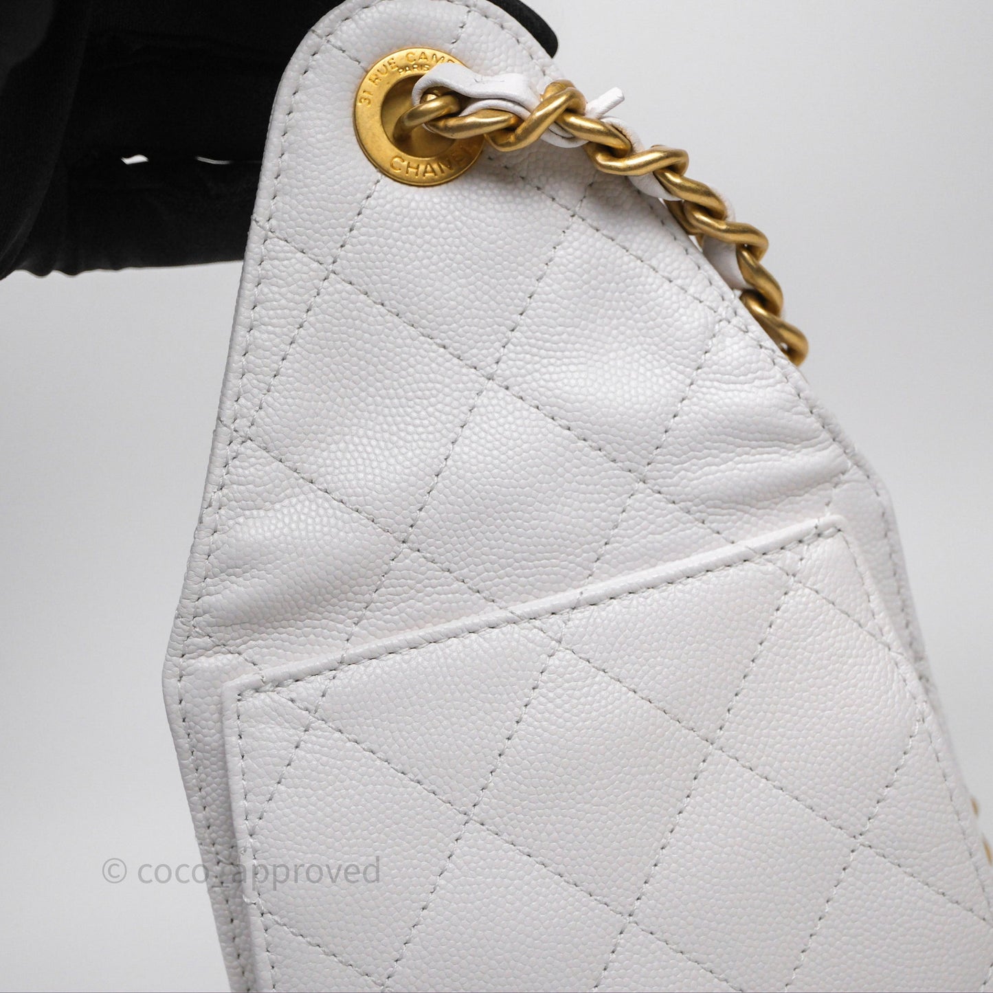 Chanel 25 Small White Caviar Aged Gold Hardware