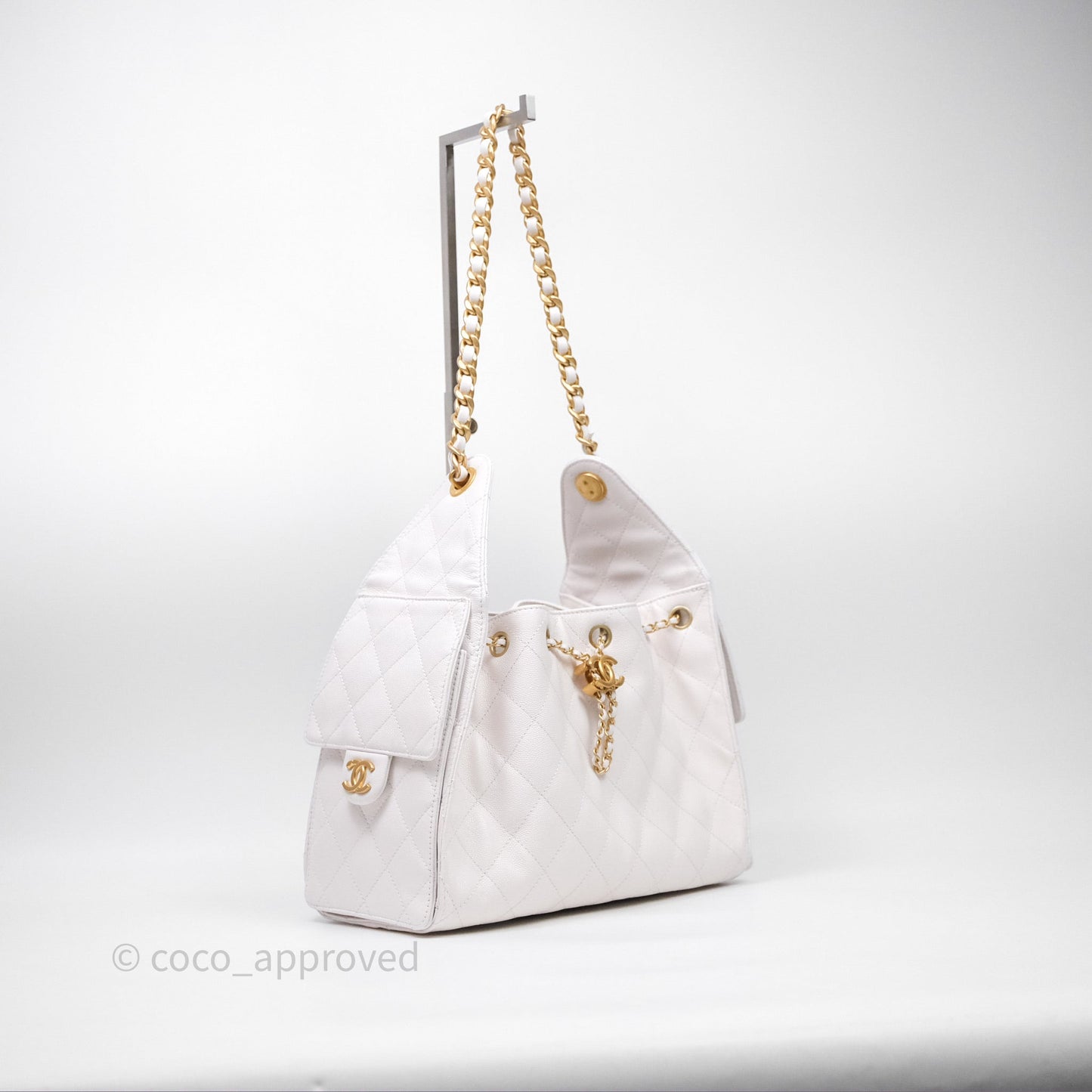 Chanel 25 Small White Caviar Aged Gold Hardware