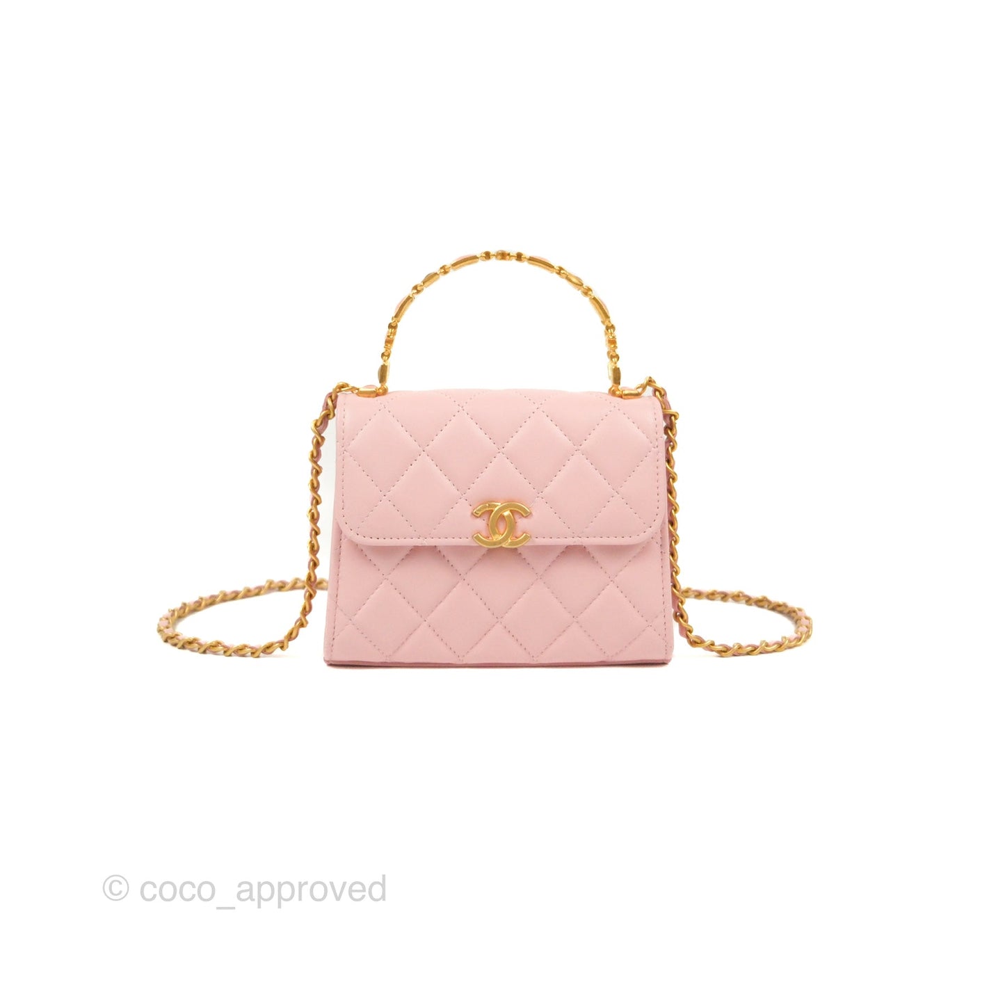 Chanel Enamel Top Handle Clutch with Chain Pink Lambskin Aged Gold Hardware 22B