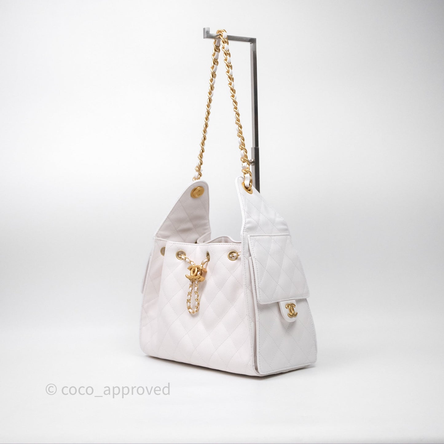 Chanel 25 Small White Caviar Aged Gold Hardware