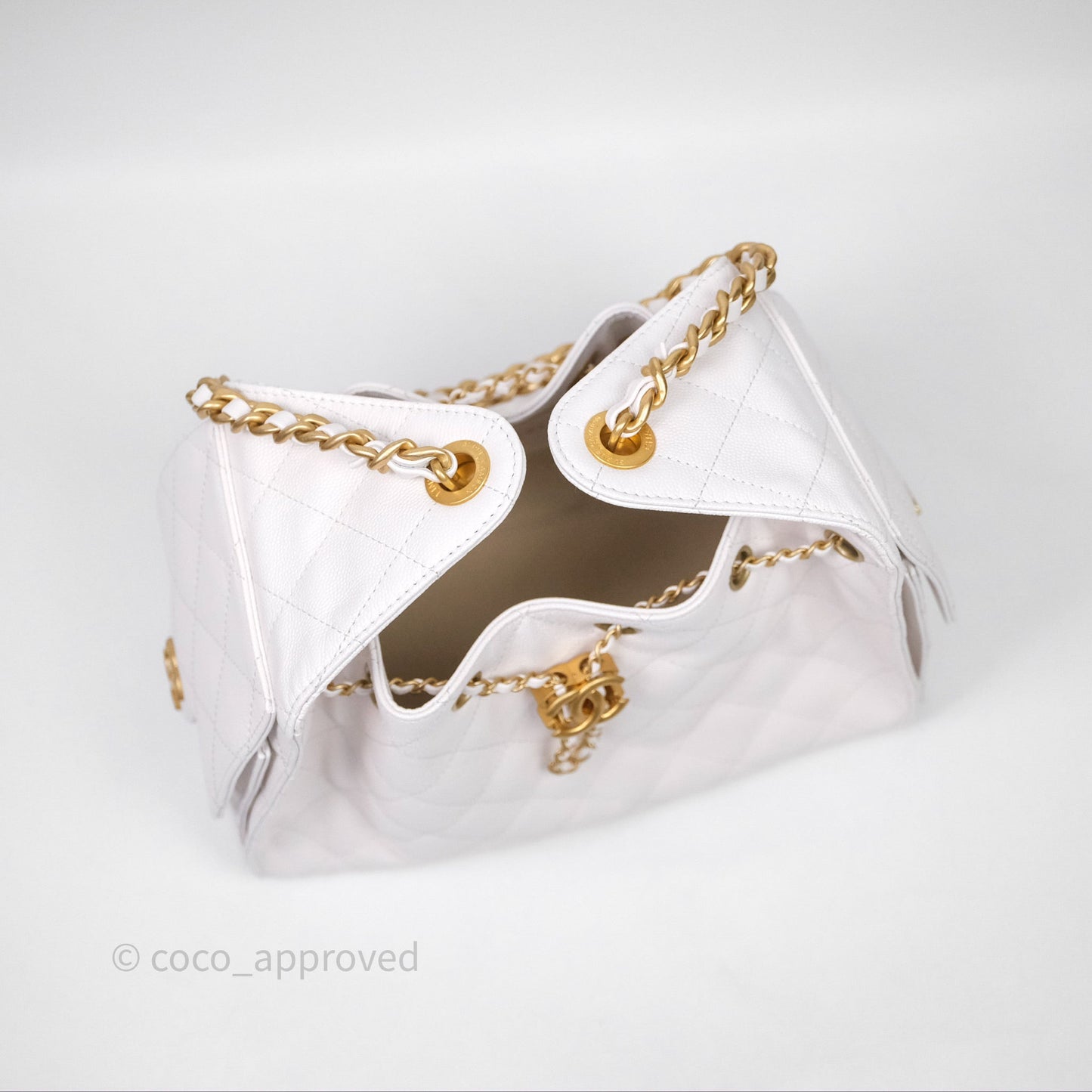 Chanel 25 Small White Caviar Aged Gold Hardware