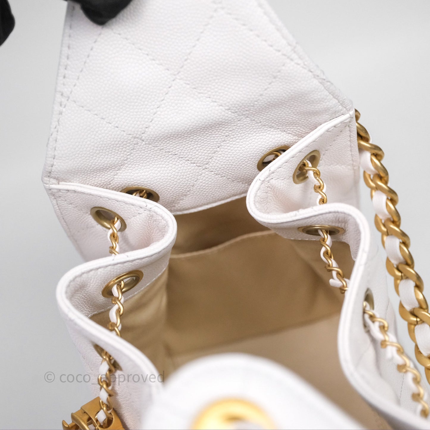 Chanel 25 Small White Caviar Aged Gold Hardware