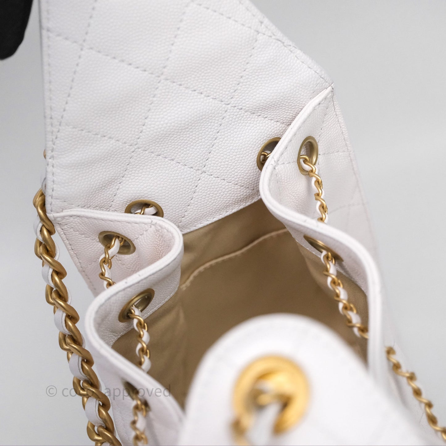 Chanel 25 Small White Caviar Aged Gold Hardware