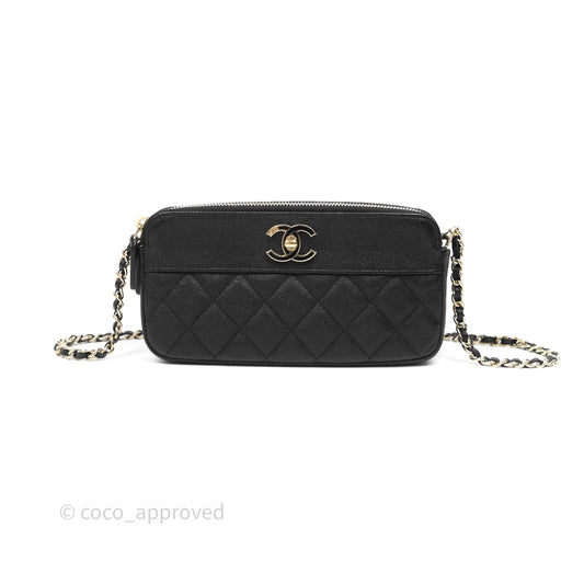 Chanel Double Zip Clutch With Chain Caviar Black Gold Hardware