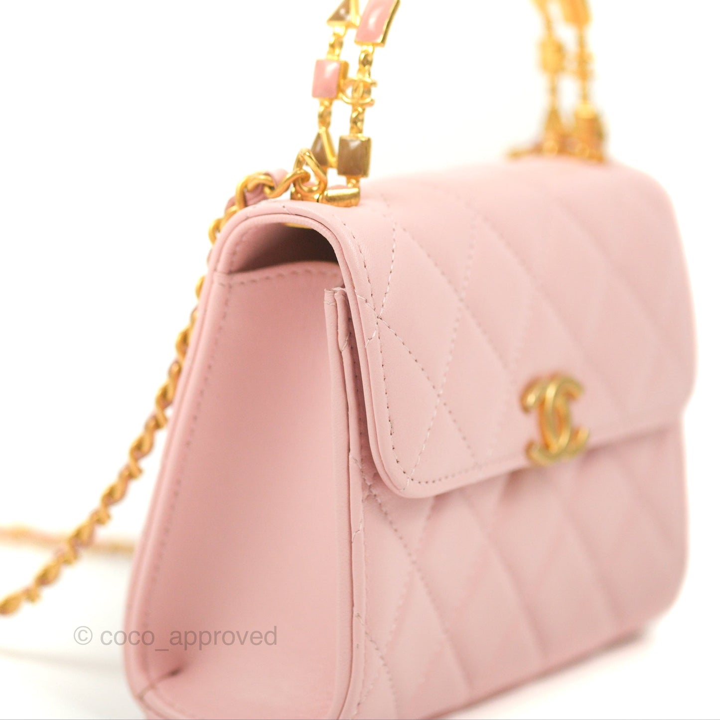 Chanel Enamel Top Handle Clutch with Chain Pink Lambskin Aged Gold Hardware 22B