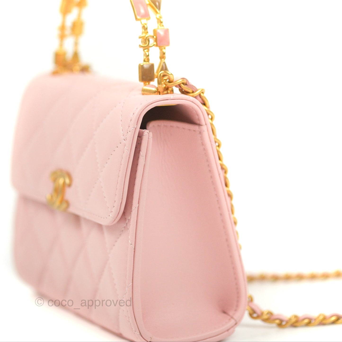 Chanel Enamel Top Handle Clutch with Chain Pink Lambskin Aged Gold Hardware 22B