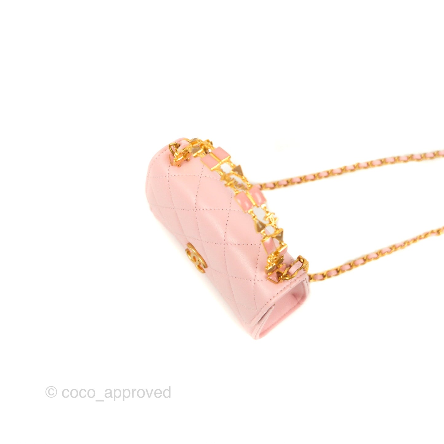 Chanel Enamel Top Handle Clutch with Chain Pink Lambskin Aged Gold Hardware 22B