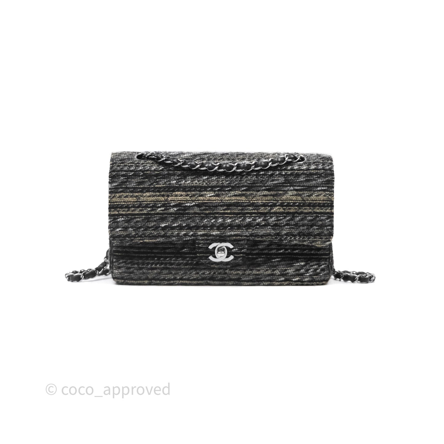 Chanel Classic M/L Medium Flap Quilted Grey Tweed Silver Hardware