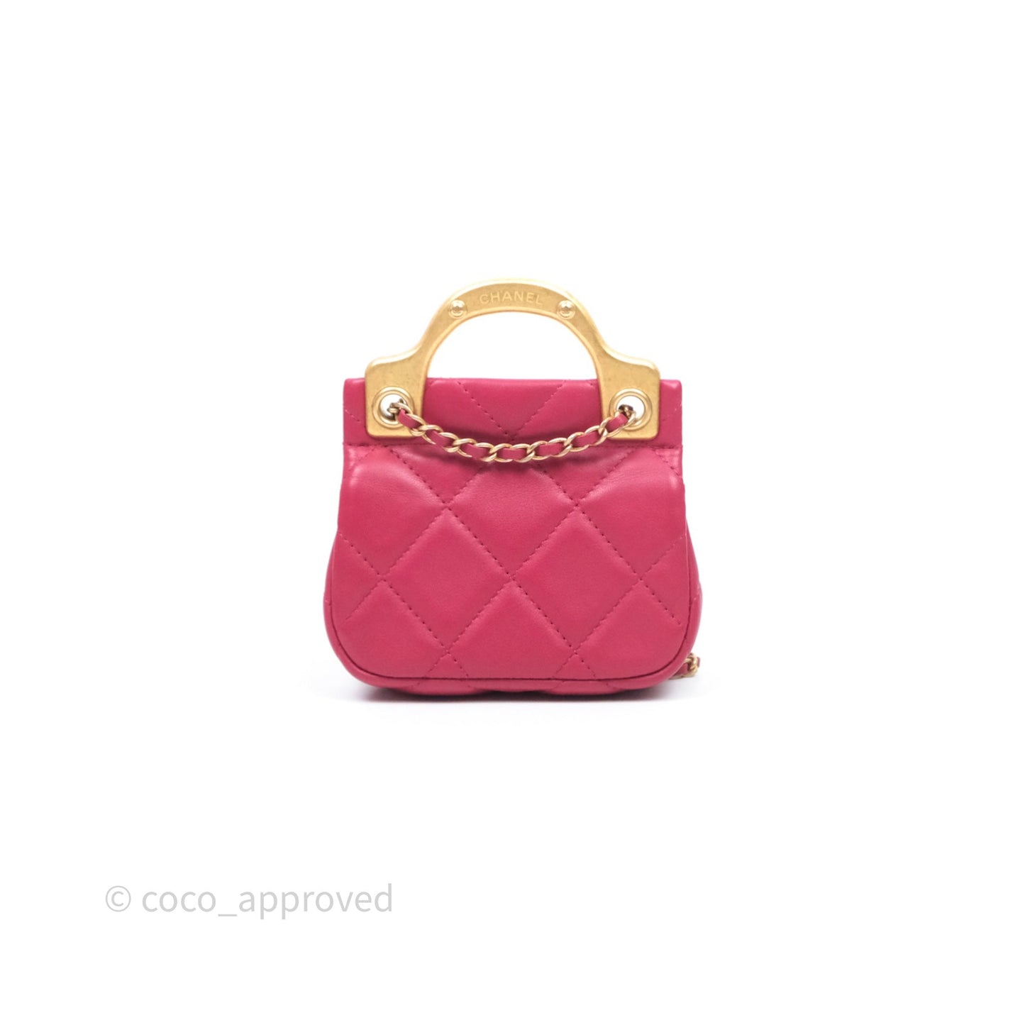 Chanel Quilted Lady Handle Flap Card Holder With Chain Dark Pink Calfskin Aged Gold Hardware