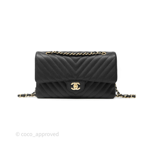 Chanel Classic M/L Medium Flap Chevron Black Caviar Gold Hardware
