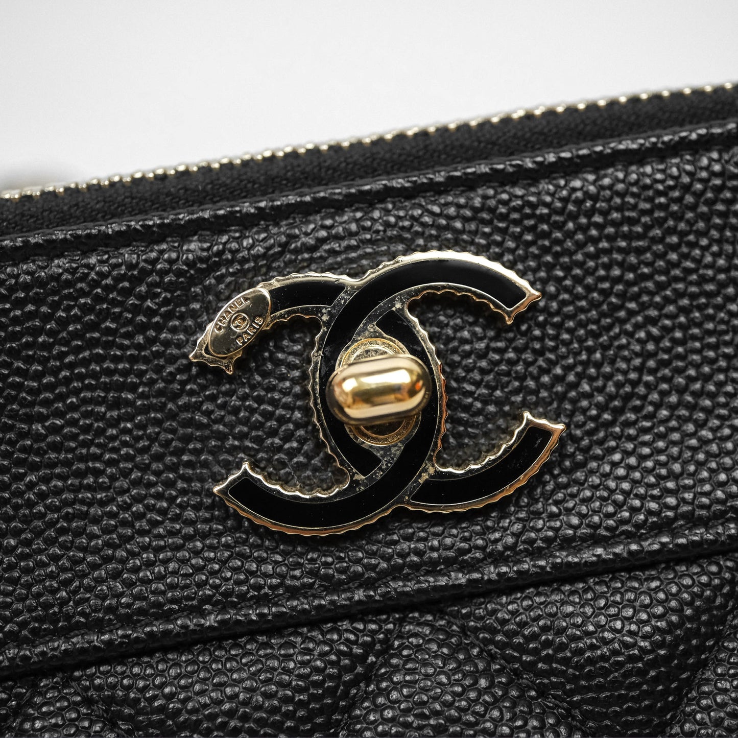 Chanel Double Zip Clutch With Chain Caviar Black Gold Hardware
