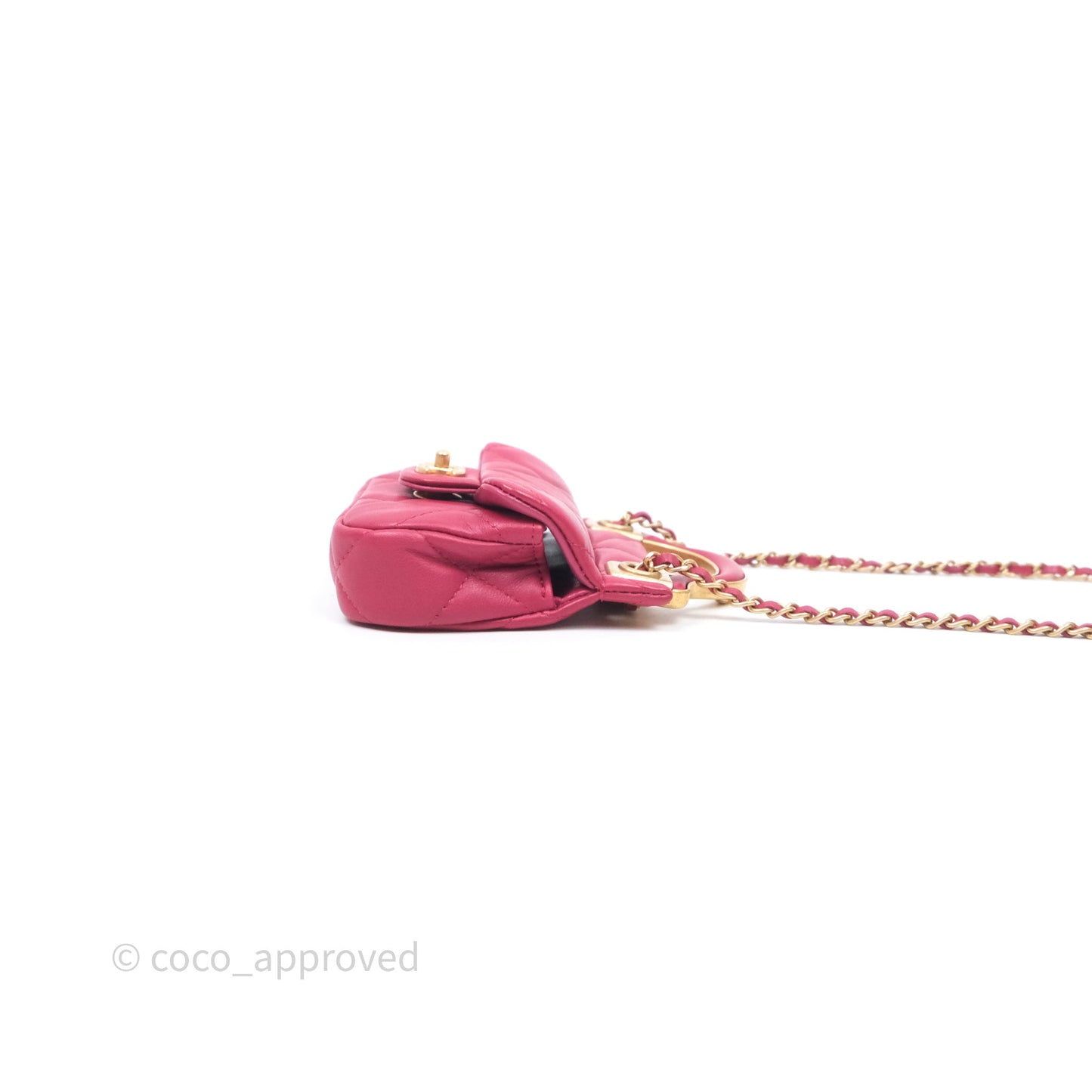 Chanel Quilted Lady Handle Flap Card Holder With Chain Dark Pink Calfskin Aged Gold Hardware