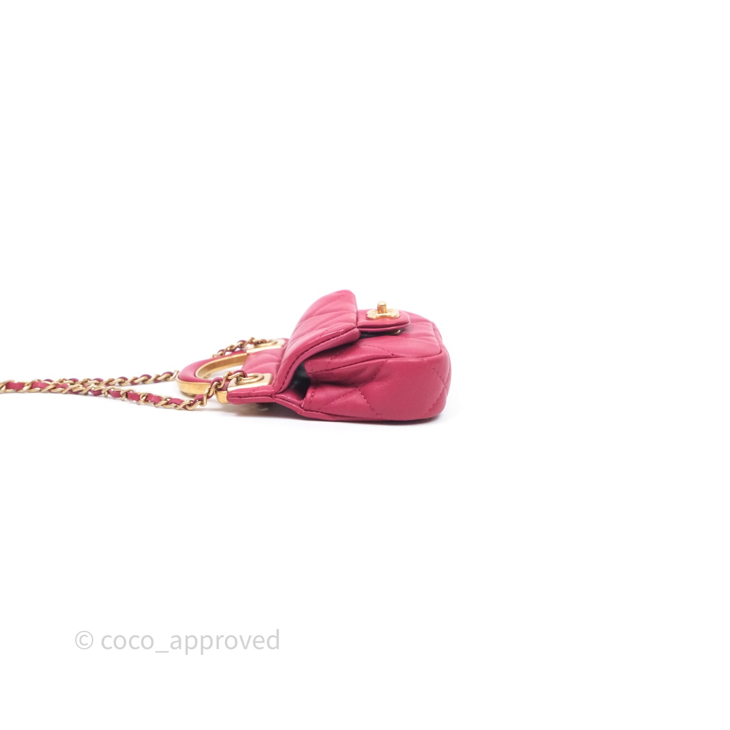 Chanel Quilted Lady Handle Flap Card Holder With Chain Dark Pink Calfskin Aged Gold Hardware