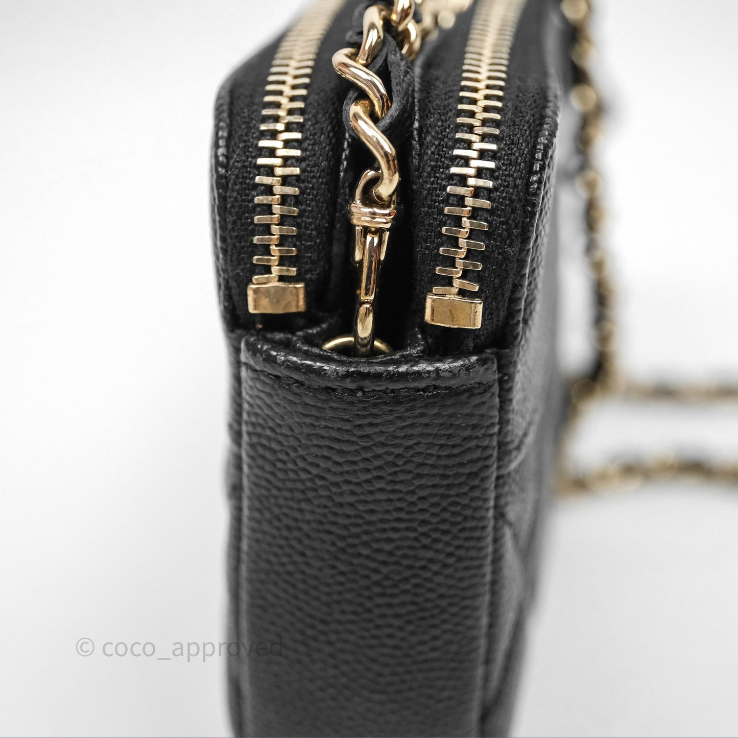 Chanel Double Zip Clutch With Chain Caviar Black Gold Hardware