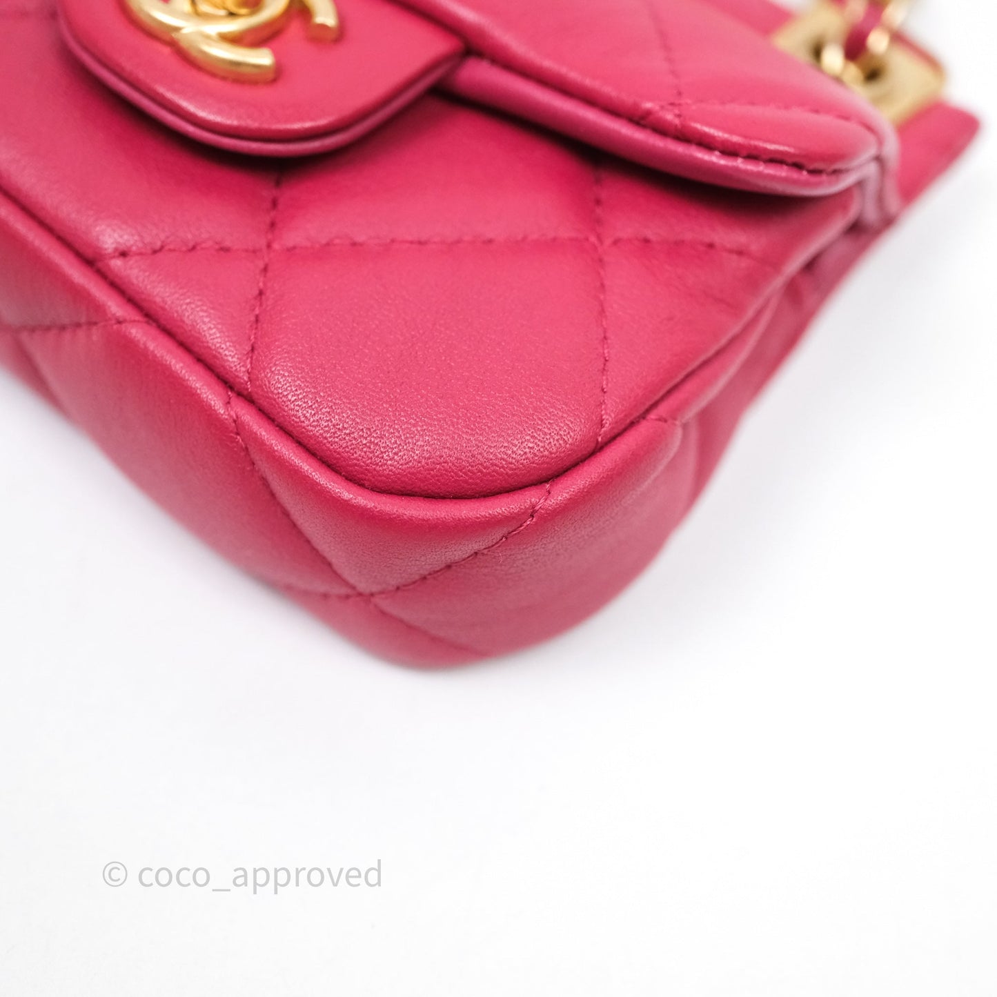 Chanel Quilted Lady Handle Flap Card Holder With Chain Dark Pink Calfskin Aged Gold Hardware